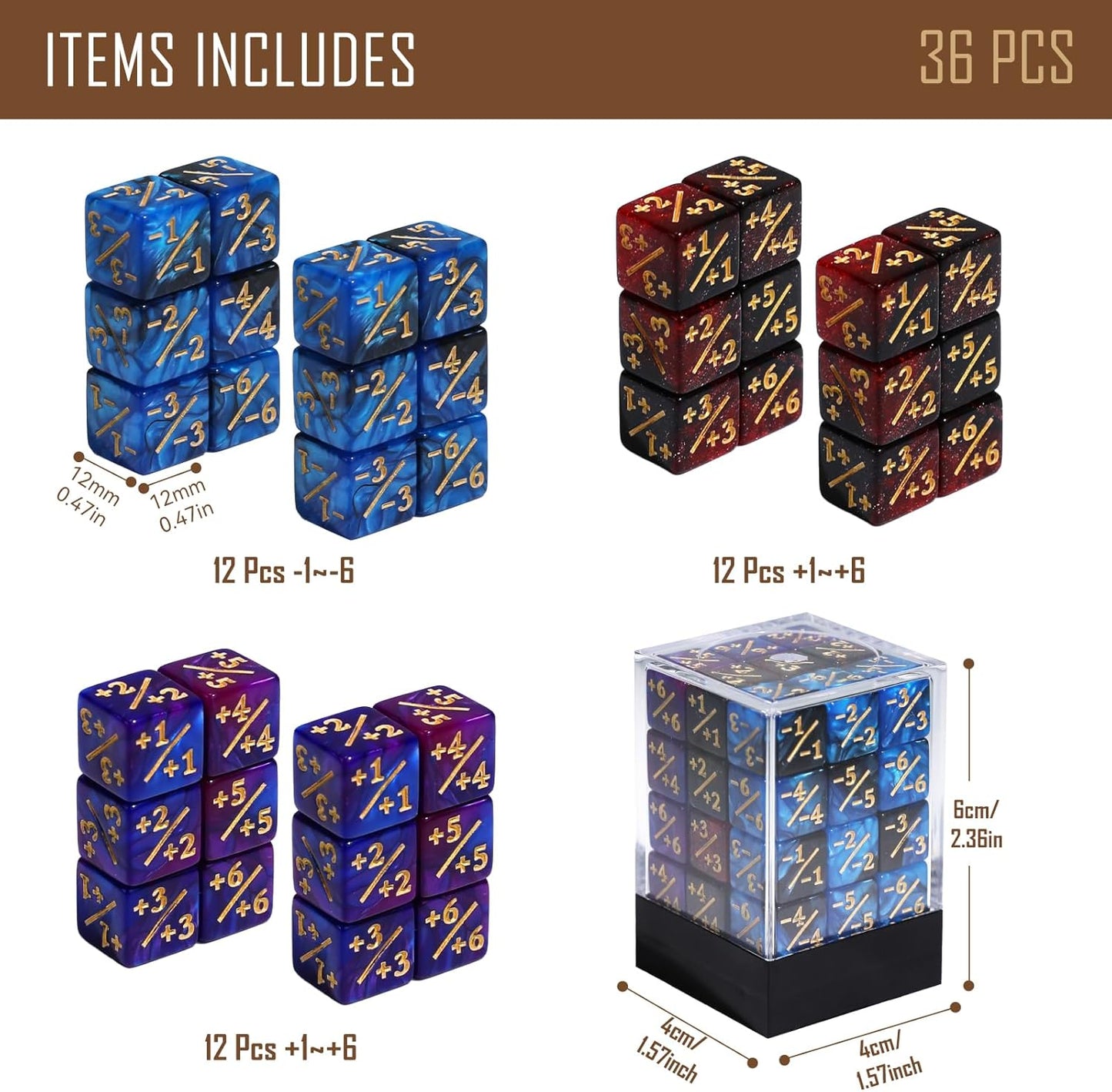 36PCS 12mm MTG Life Counters Dice Set with Box, Small MTG Tokens Loyalty 6 Sided Mini Dice Set, Compatible with TCG CCG Magic Card Gaming Accessories
