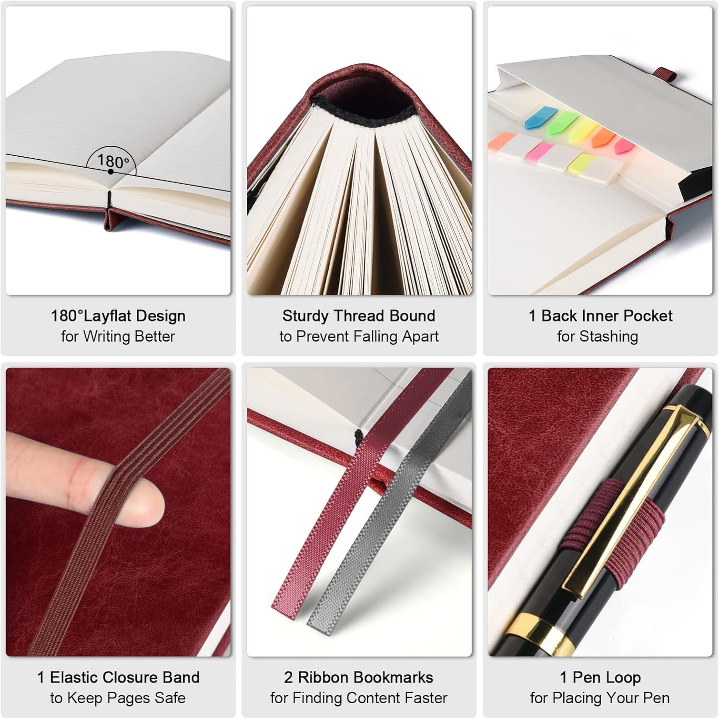 College Ruled Notebook, Large B5 Hardcover Leather Journal, 312 Numbered Pages Writing Journal, 100gsm No Bleed Paper, Lined Journal Notebook for Women Men School Office, 7.6'' X 10'', Burgundy