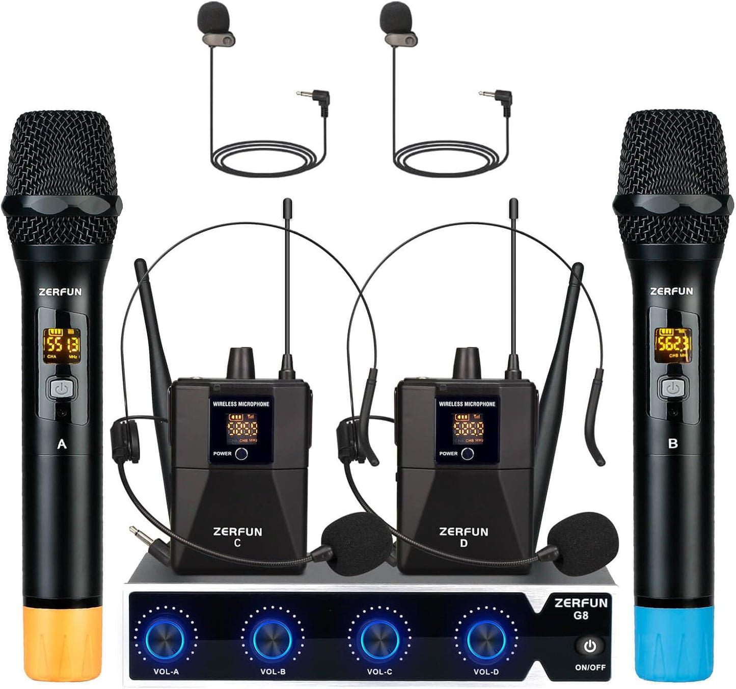 Pro Wireless Microphone System 4 Channel, UHF Metal Cordless Handheld Headset Lavalier Lapel Mics for Church Karaoke Singing, 4x50 Adjustable Frequency(G8 Battery 2 Handheld 2 Bodypack)