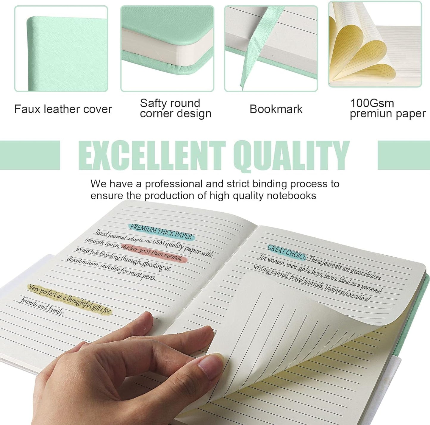 Lined Journal Notebook, 10Pack(Eggshell Green), 160 Pages, Medium 5.7 inches x 8 inches - 100 gsm Thick Paper, Hardcover