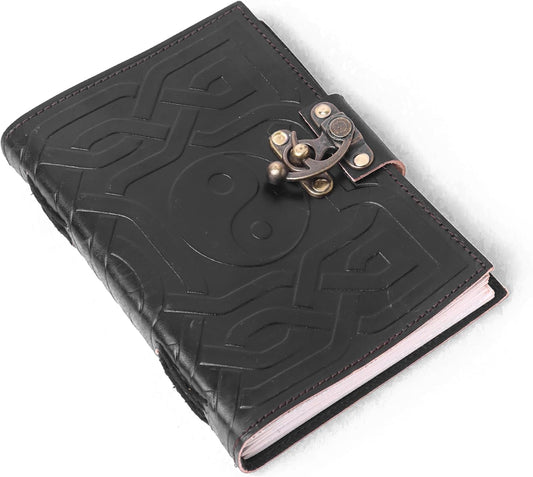 Yin & Yang Vintage Leather Journal with Antique Clasp Lock – 200 White Page Antique Deckle Edge Leather Bound Notebook – 5"X7" Notebook Journal for Writing, Drawing, Home, Office, Travelling (Black)