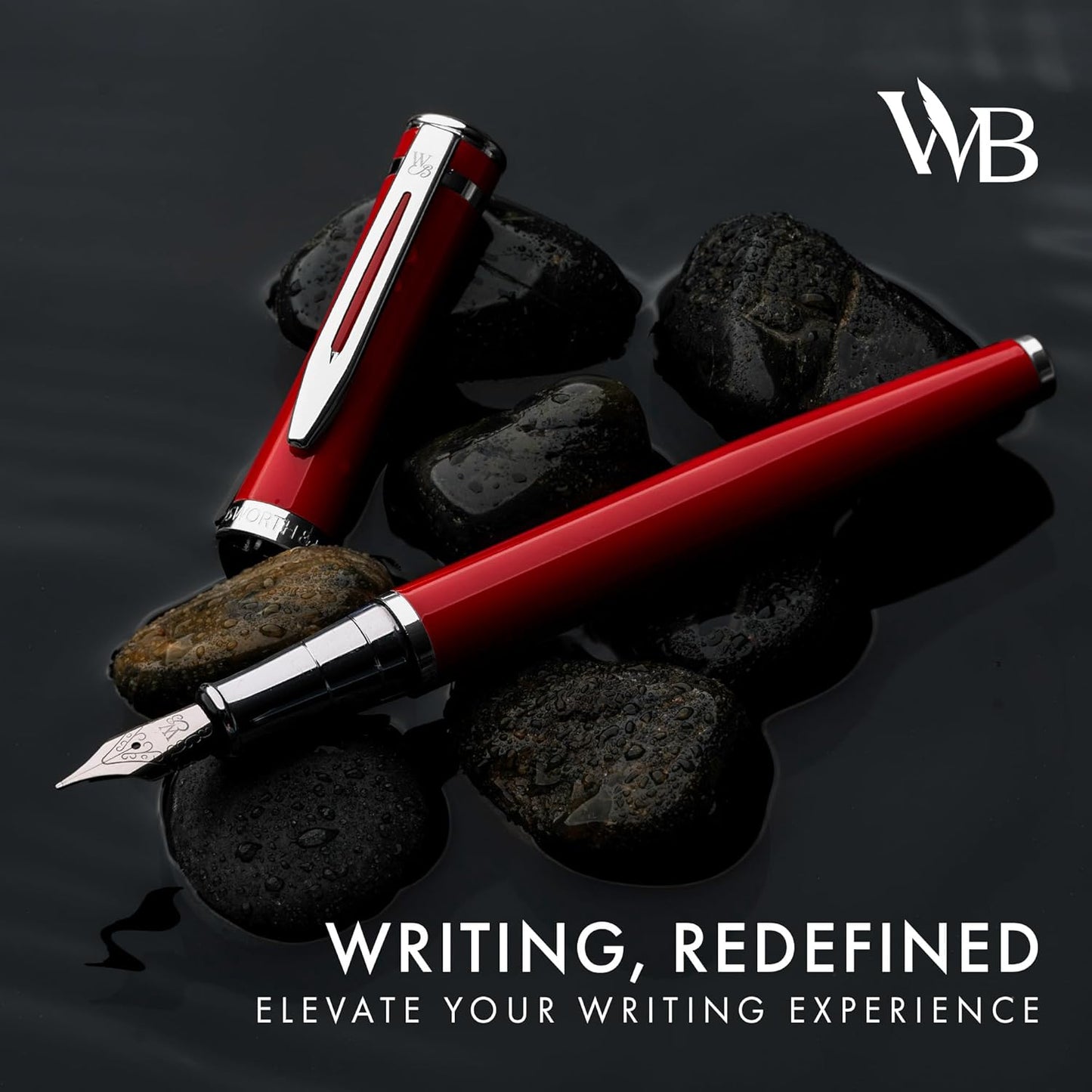 Wordsworth & Black Fountain Pen Set, Medium Nib, Includes 24 Pack Ink Cartridges, Ink Refill Converter & Gift Pouch, Chrome Finish, Calligraphy, [Crimson Red], Perfect for Men & Women