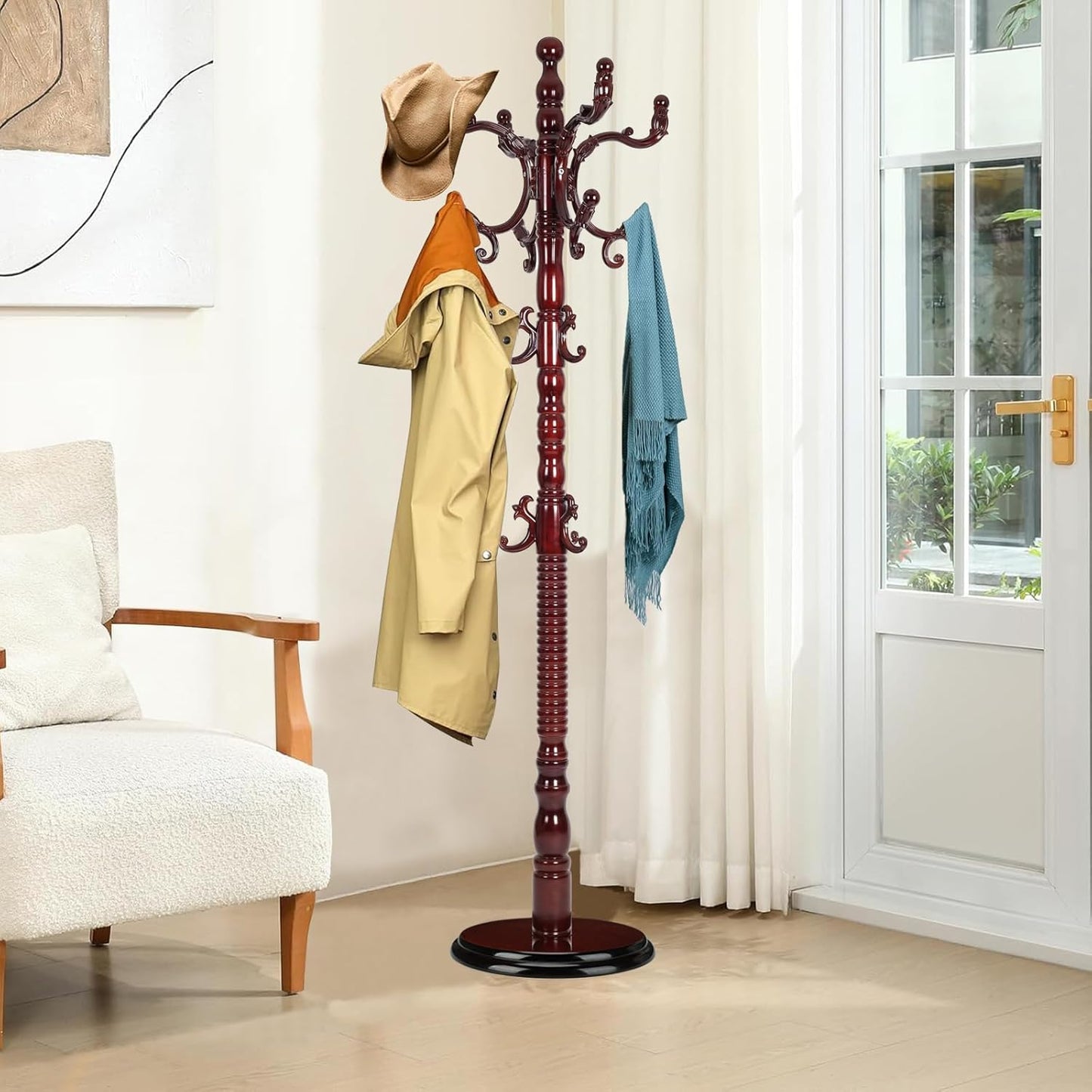 Wood Coat Rack Freestanding, Natural Coats Tree Stand with 14 Hooks, 73" Sturdy and Easy Assembly Coat Rack Stand for Entryway, Hallway, Bedroom, Bags, Hats (Heavy-duty Disc Base, Rosewood)