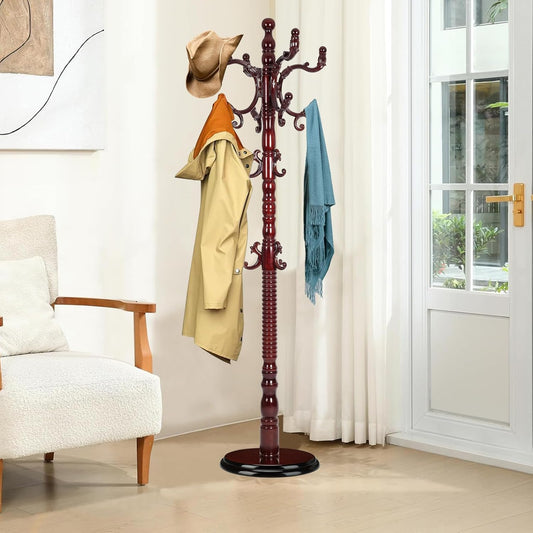 Wood Coat Rack Freestanding, Natural Coats Tree Stand with 14 Hooks, 73" Sturdy and Easy Assembly Coat Rack Stand for Entryway, Hallway, Bedroom, Bags, Hats (Heavy-duty Disc Base, Rosewood)