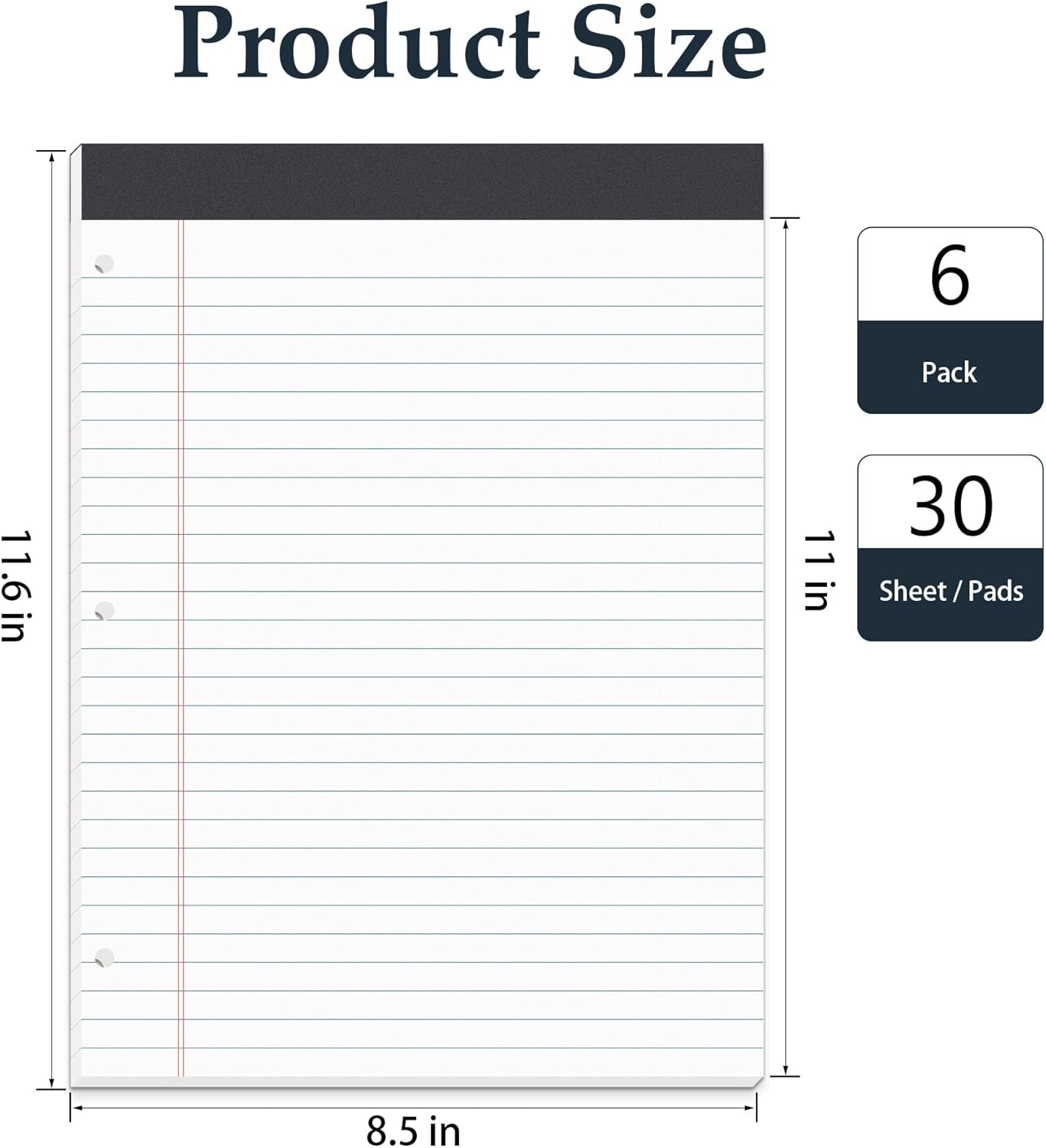 HAUTOCO 6 Pack 8.5 x 11 Legal Pads White Wide Ruled Notepads Perforated Writing Pads, 30 Sheets Per Notepad, 3-Hole Punched Paper, Writing Note Pads for School, Home, Office, Business