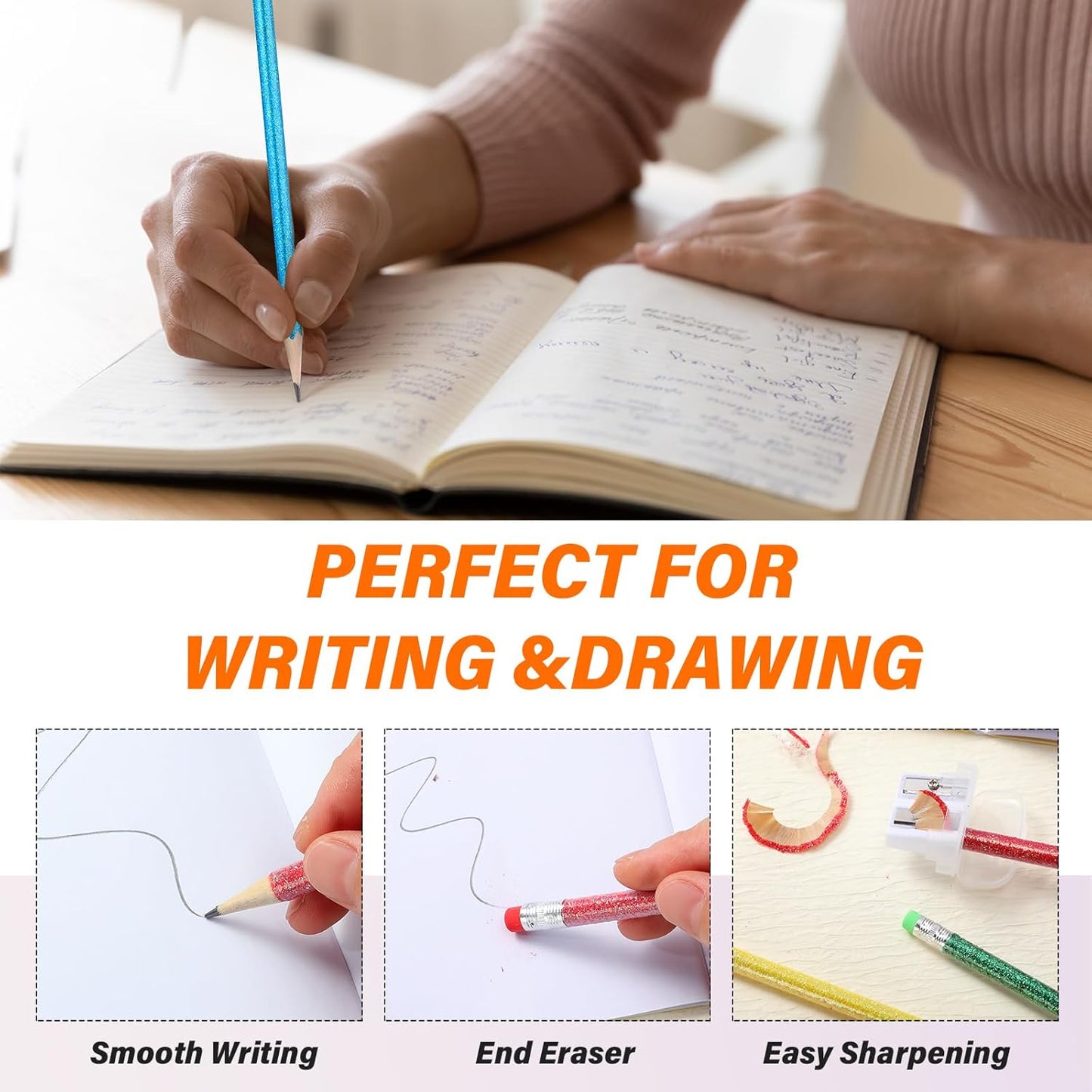 TecUnite 60 Pcs HB Pencils #2 Unsharpened Wood Cased Pencils with Eraser Hexagonal Pencil Cute Graphite No 2 Pen for Adults Gifts Exam School Office Sketching Learning (Glitter Color, Silver)