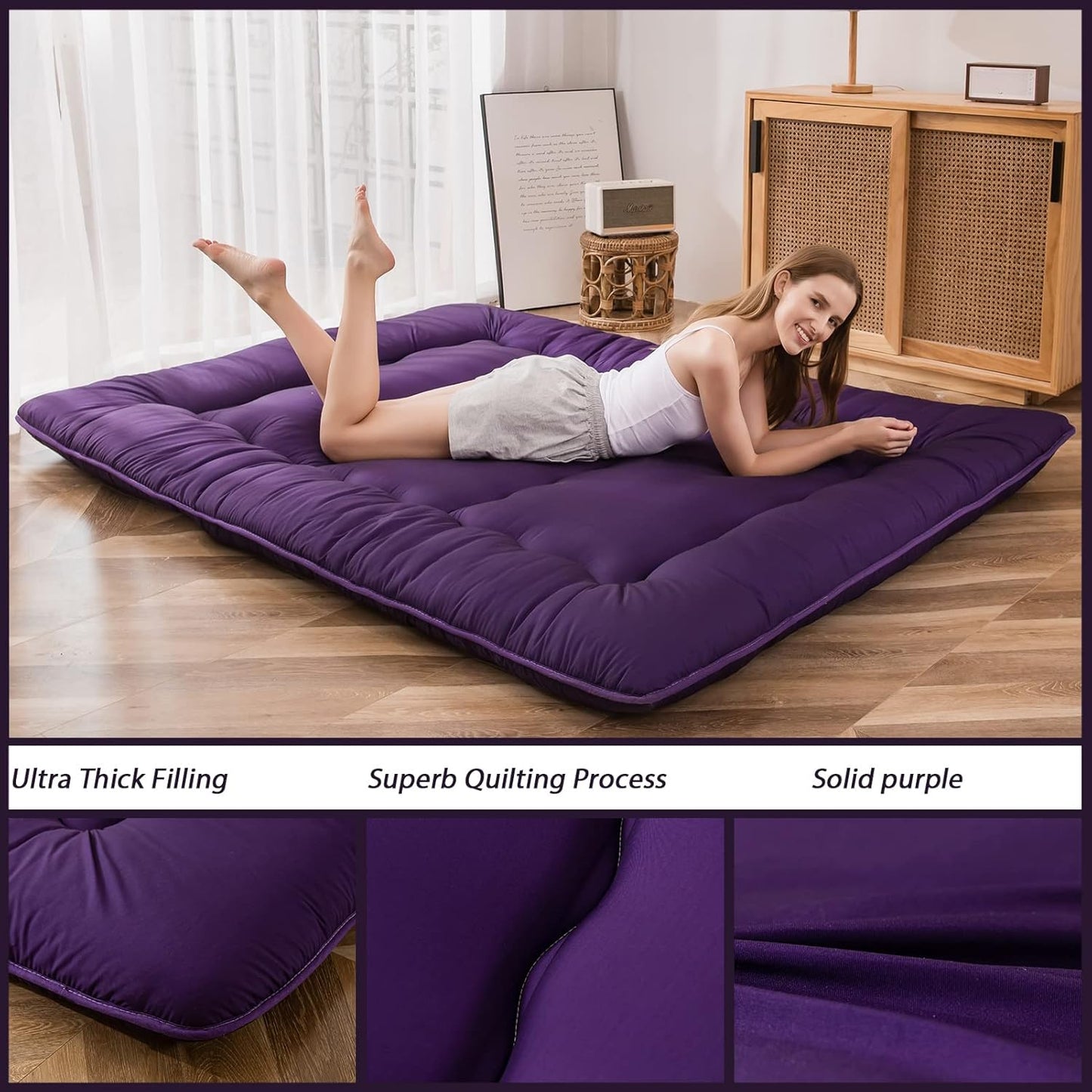 MAXYOYO Japanese Floor Futon Mattress, Roll Up Floor Mattress for Adults Foldable Tatami Mat Sleeping Pad Dormitory Bed Lounger, Purple, Queen Size