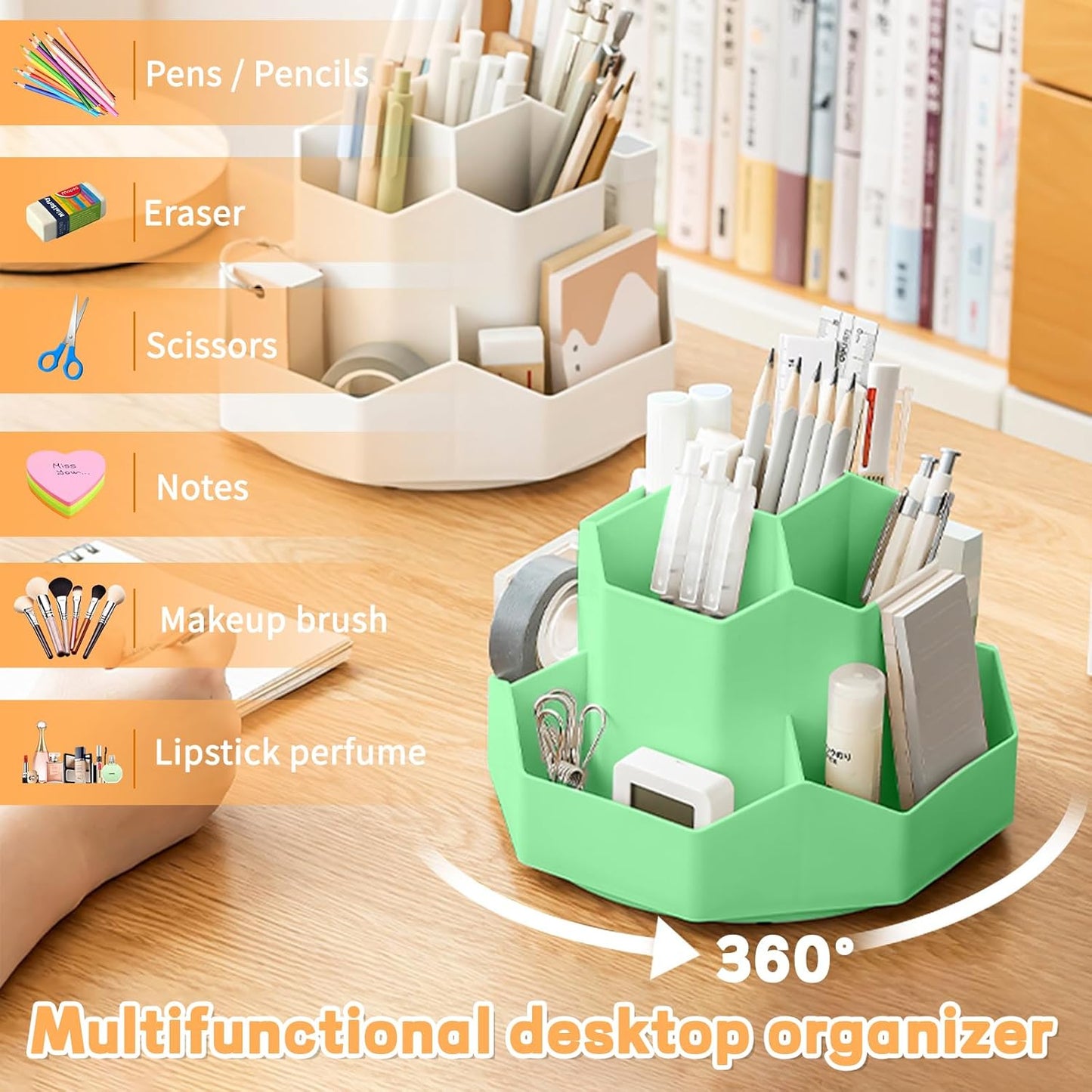 Pencil Pen Holder for Desk,9 Slots 360 Degree Rotating Desk Organizers,Desktop Storage Stationery Supplies Organizer, Cute Pencil Cup Pot For Office, School, Home(Green)