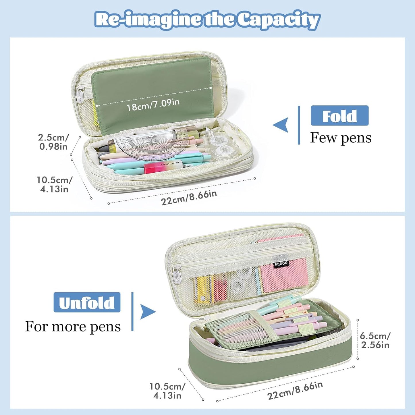 MoKo Large Capacity Pencil Case, Aesthetic Pencil Pouch Bag with Zipper, Cute Pen Case Stationery Organizer Holder for Office/School Supplies, Back to School Gift, Green