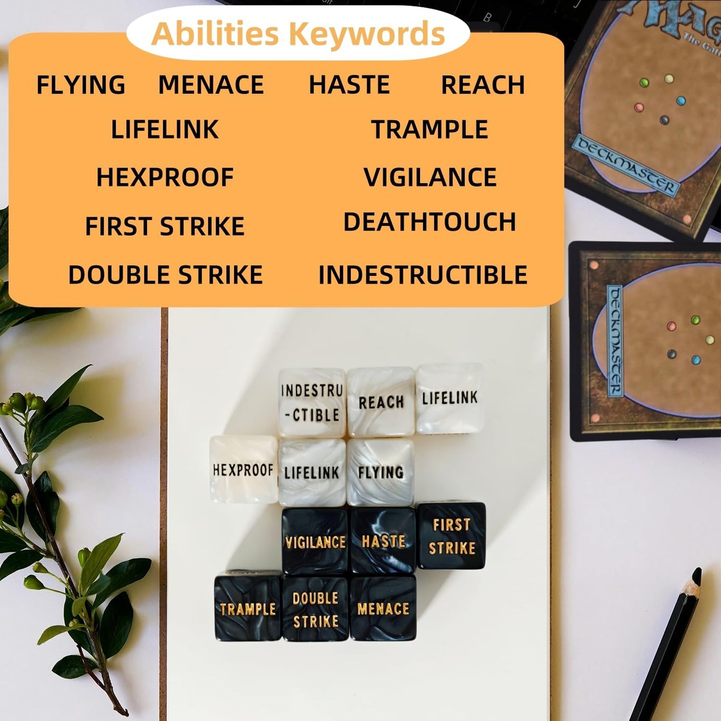 63 PCS MTG Counter Dice Set - AbilityKeyword Counters, -1/+1 Life Counter, Shield Life Counter Dice, Creature Stat Buffs, Marble Colour D6 Cube Dice, for MTG, TCG, Card Games (Includes Black Bag)