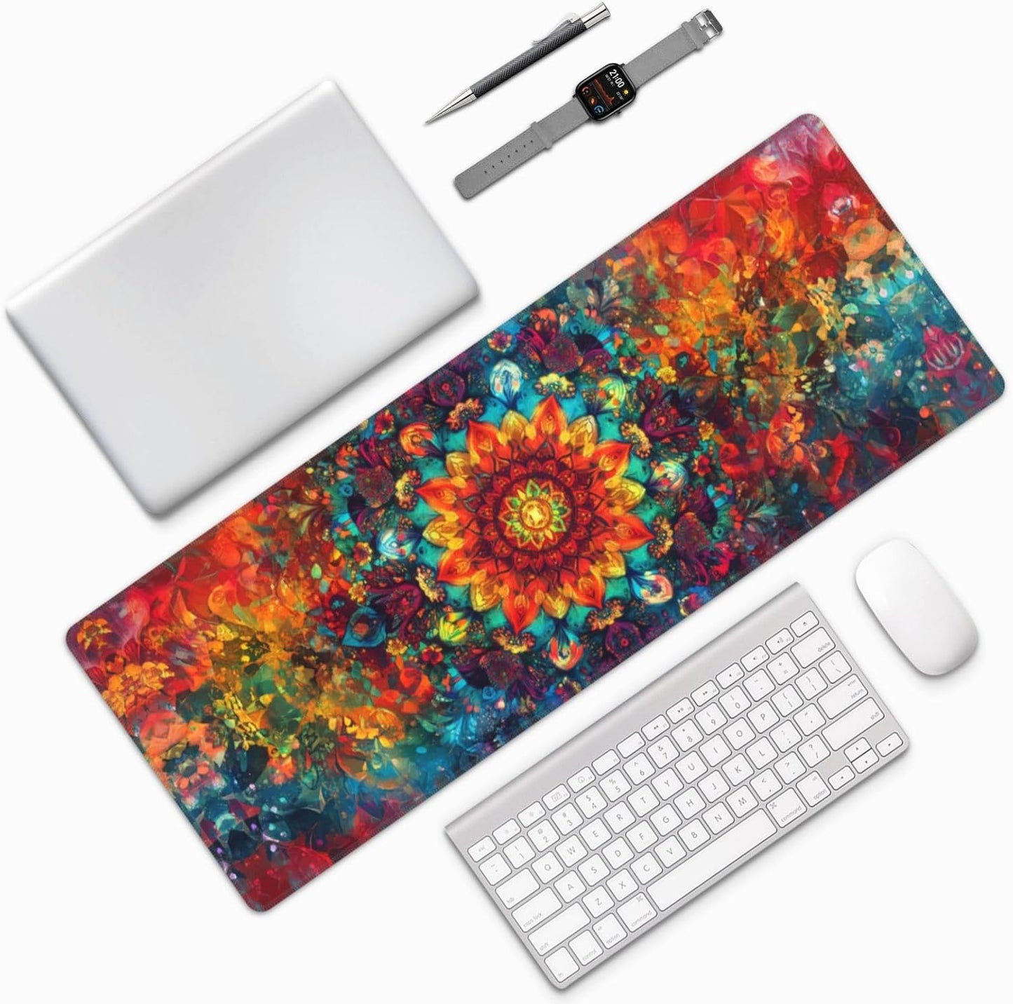 Mandala Mouse Pad 31.5 X 11.8 Inch Big Desk Rubber Base Stitched Edges Keyboard Pad XXL Mouse Mat for Home Game and Office