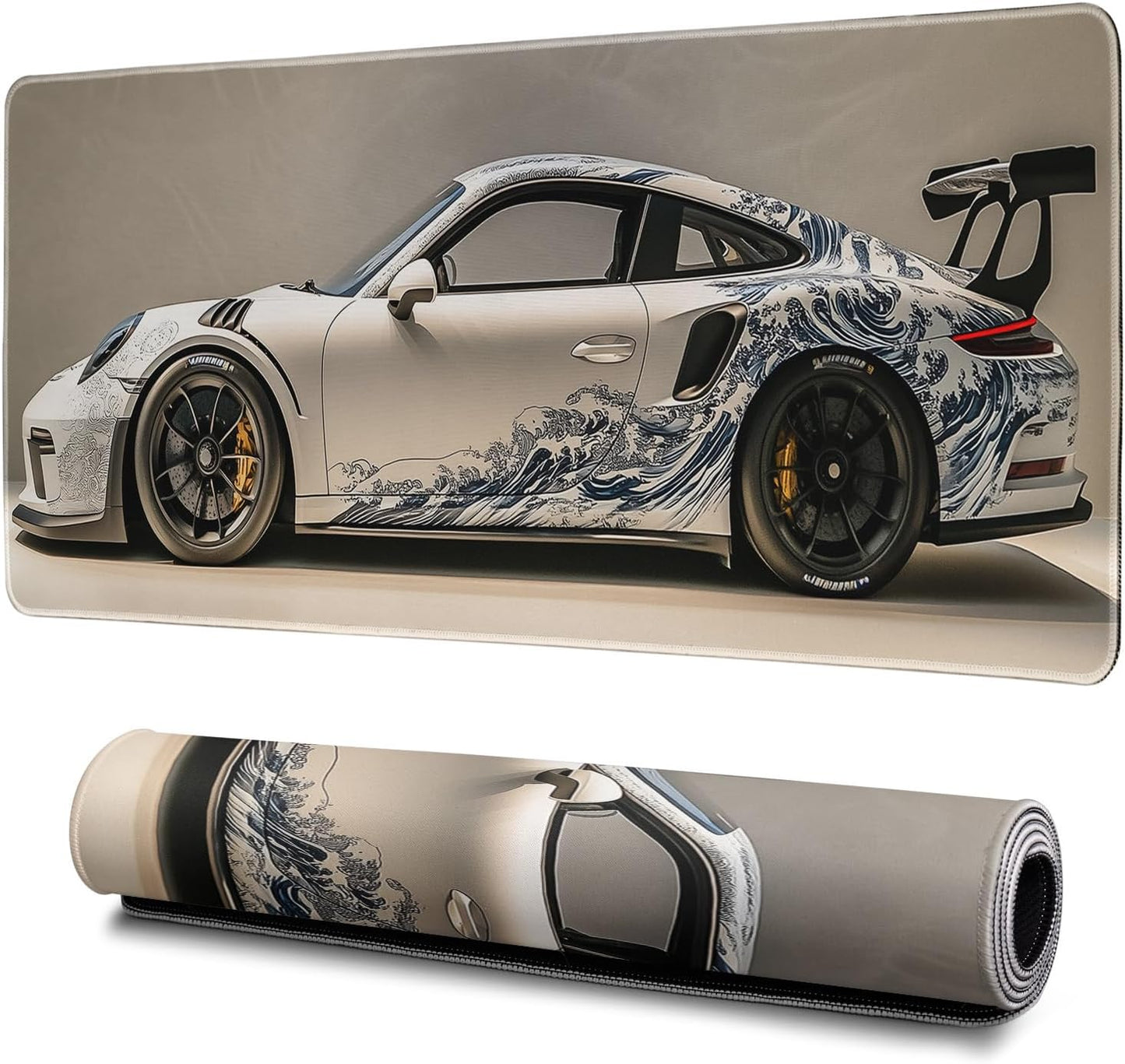 White Ukiyo-e Style Sports Car Mouse Pad Abstract White Mouse Pad 31.5x11.8 Inch Texture Non-Slip Rubber Base Large Mousepad Stitched Edges Keyboard Mouse Mat Desk Pad for Office