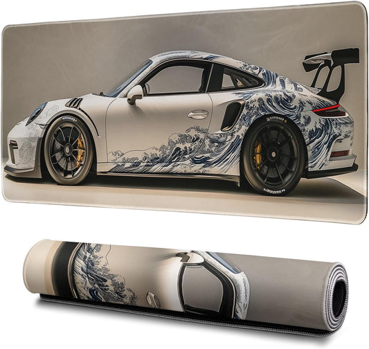 White Ukiyo-e Style Sports Car Mouse Pad Abstract White Mouse Pad 31.5x11.8 Inch Texture Non-Slip Rubber Base Large Mousepad Stitched Edges Keyboard Mouse Mat Desk Pad for Office