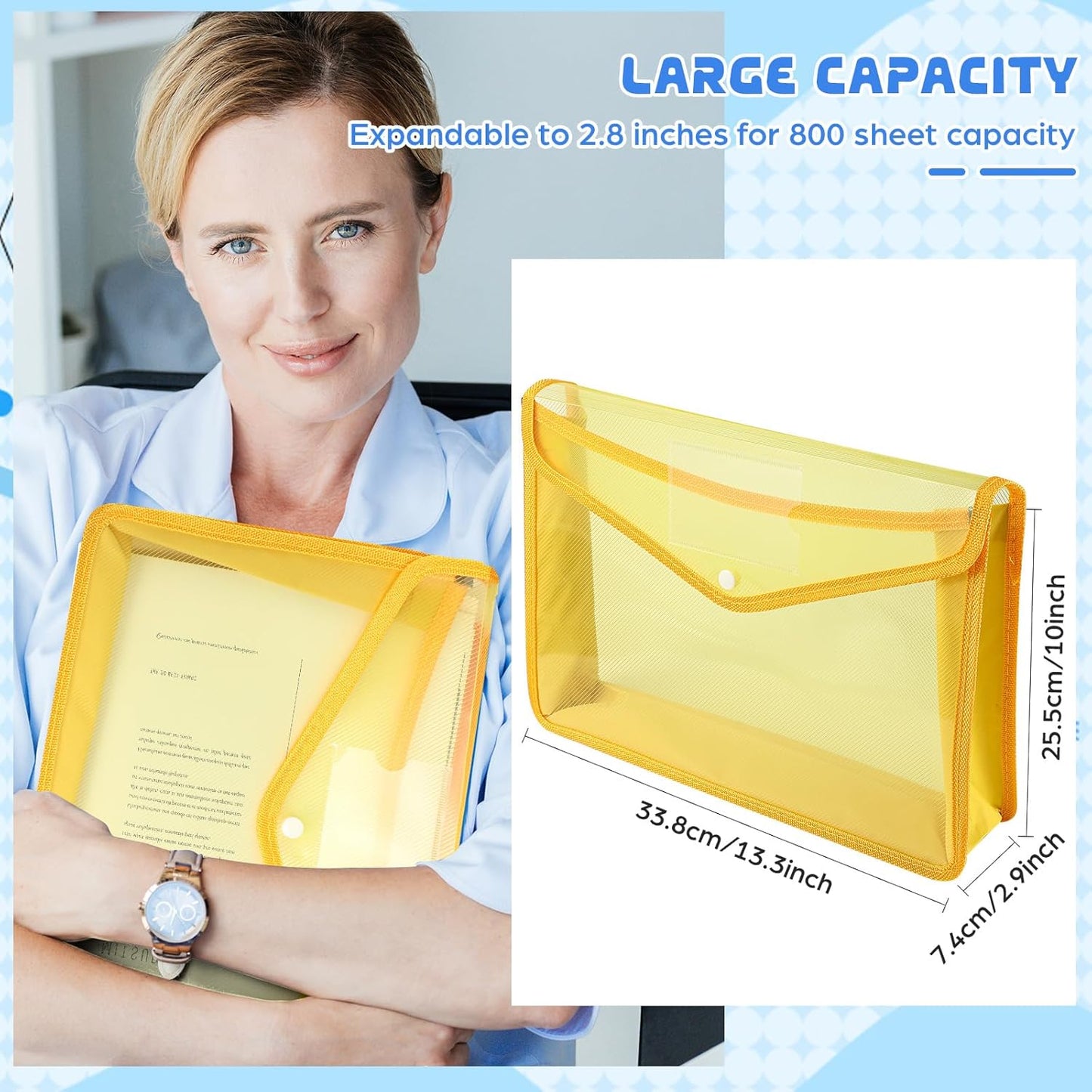 4 Pack A4 Expanding Plastic File Folders Waterproof Document Organizer with Snap Button Multiple Pockets, Office Home Office Storage (Yellow)