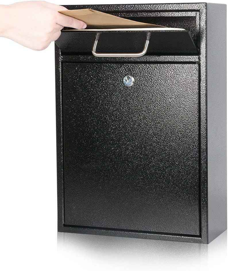 KYODOLED Steel Key Lock Mail Boxes Outdoor, Locking Wall Mount Mailbox, Security Lock Drop Box, Collection Boxes,16.2H x 11.22L x 4.72W Inches, Black X Large