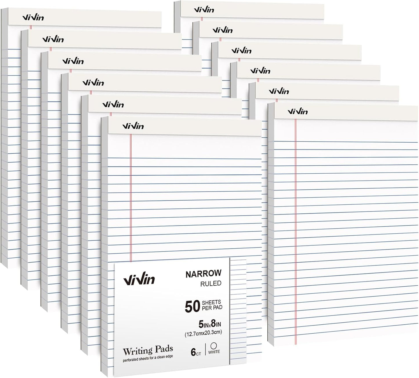 ViVin 5 x 8 Inch Legal Pads, 12 Pack, Narrow Ruled, 50 Sheets Per Writing Pad, Perforated Note Pads Ideal for Home, Office, Business, 600 Sheets, White Paper