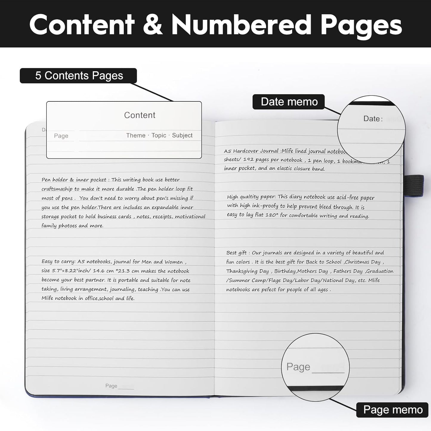 A5 Lined Journal Notebooks for Work, 192 Pages, Medium 5.7 x 8.3inch, College Ruled, Vegan Leather Hardcover Journals for Women Men,8 Pack