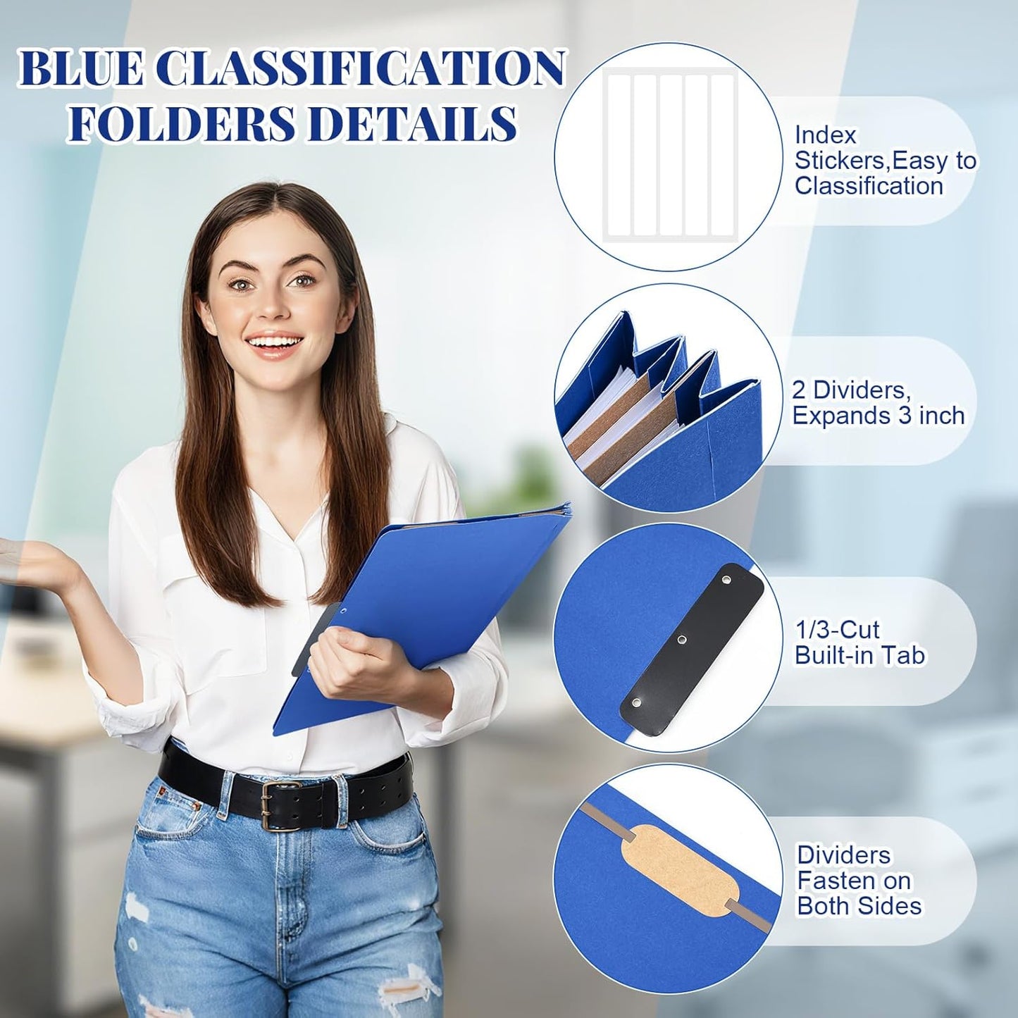 Henoyso 12 Pcs Classification Folders with Prongs, 2 Dividers, 1/3-cut Flat Tab, 3 Inch Expansion, 60 Stickers, Letter Size Blue File Folder with Fasteners for Medical Law Files Office Reports