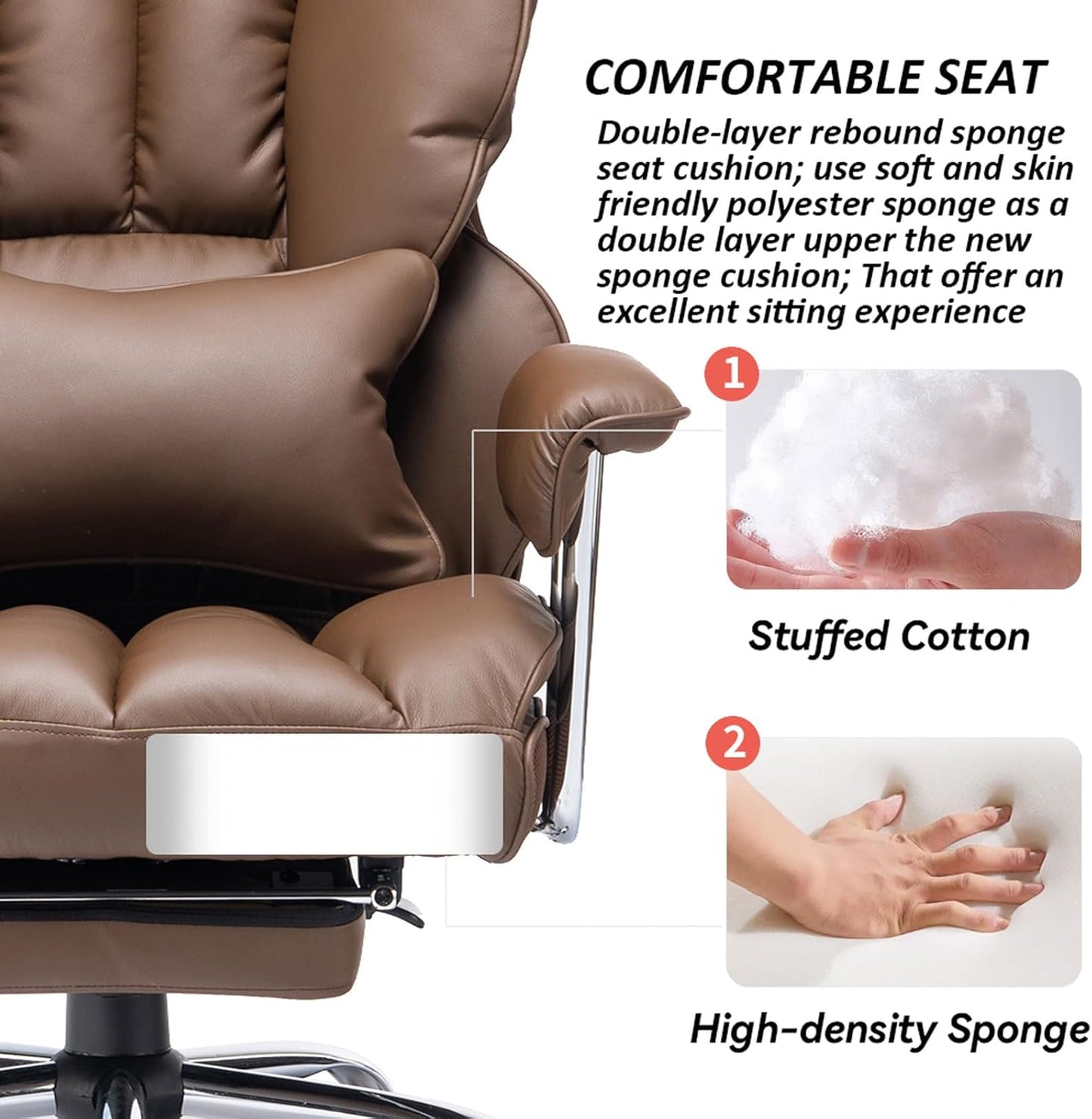 Efomao Big and Tall Office Chair 400lbs – High Back PU Leather Executive Chair with Lumbar Support, Footrest, Swivel Base, Padded Armrests, and Rolling Wheels for Home Office, Brown Computer Chair