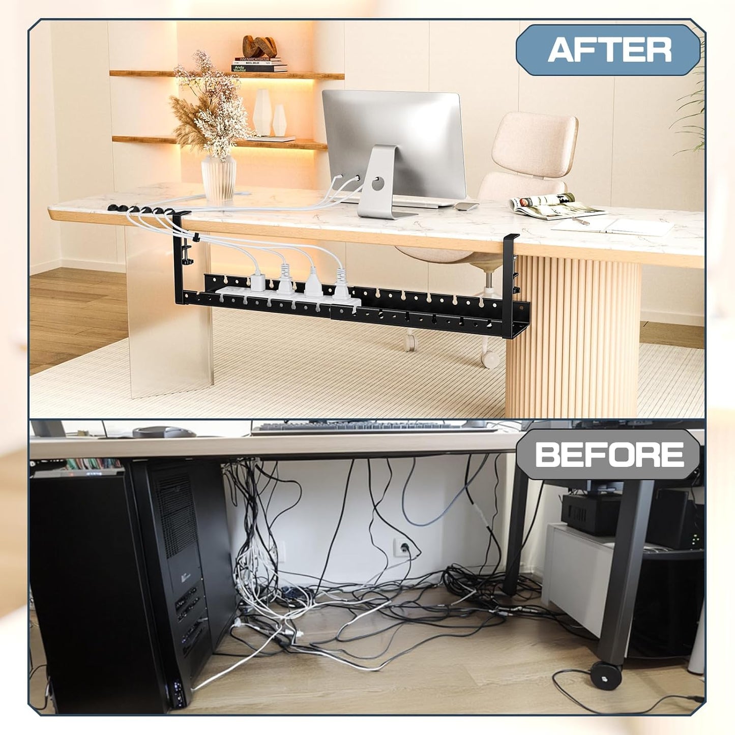 Shikha Under Desk Cable Tray, 15.7"-30.7" Retractable Under Desk Cable Management, No Drilling Cord Organizer with Clamp, Wire Management for Home Office -Black