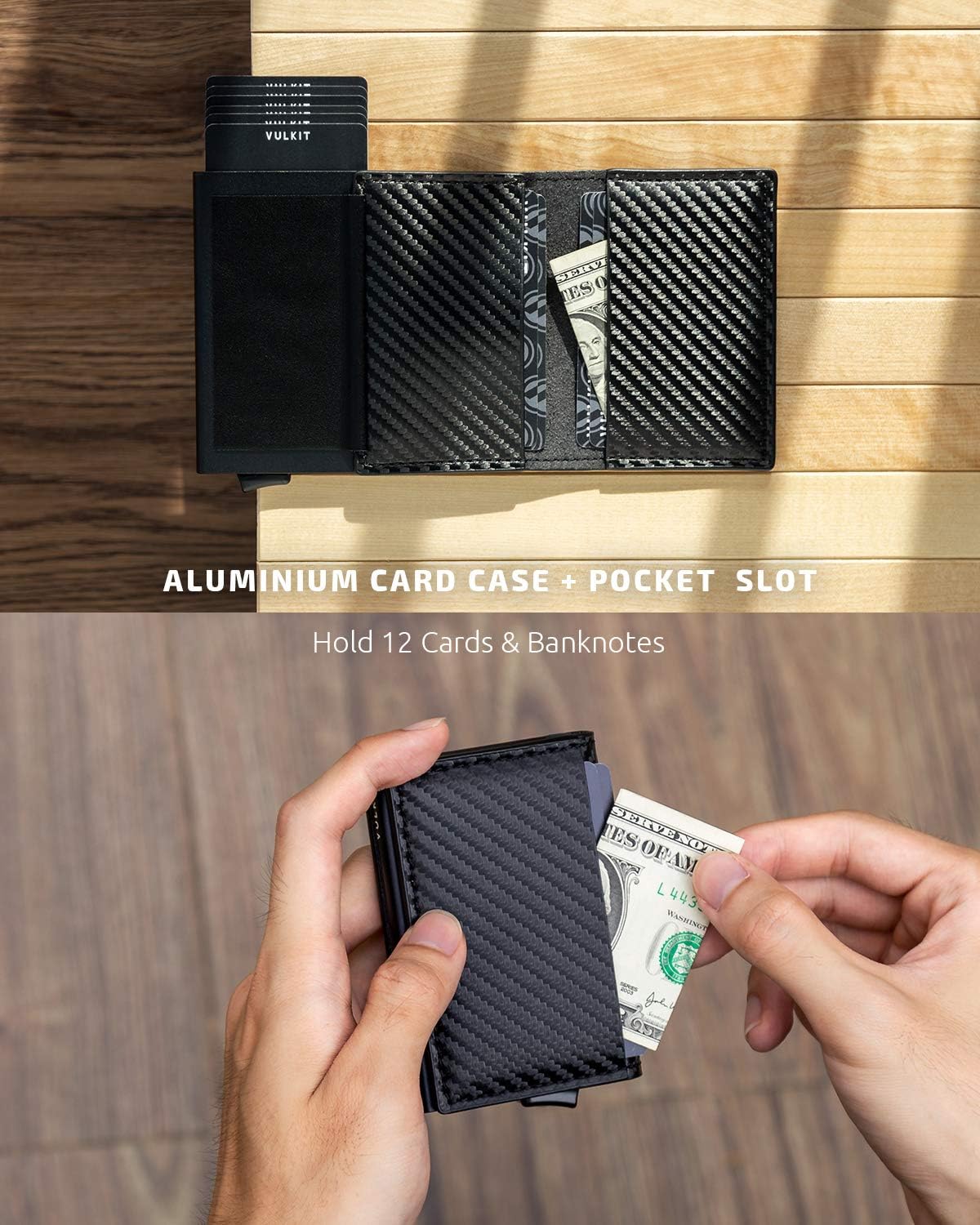 VULKIT Credit Card Holder RFID Blocking Leather Automatic Pop Up Wallet Aluminum Slim Pocket Business Card Case