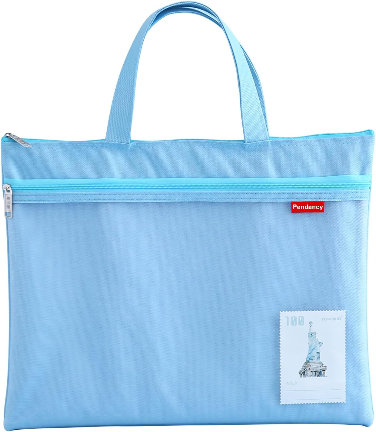 Pendancy Mesh Zipper Pouch 11x13.7 in, Large Double Pocket Waterproof File Bag with Handle, A4 Size Foldable Document Storage for Puzzle Project/Cross Stitch/Travel/Office（Blue）