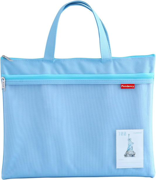 Pendancy Mesh Zipper Pouch 11x13.7 in, Large Double Pocket Waterproof File Bag with Handle, A4 Size Foldable Document Storage for Puzzle Project/Cross Stitch/Travel/Office（Blue）