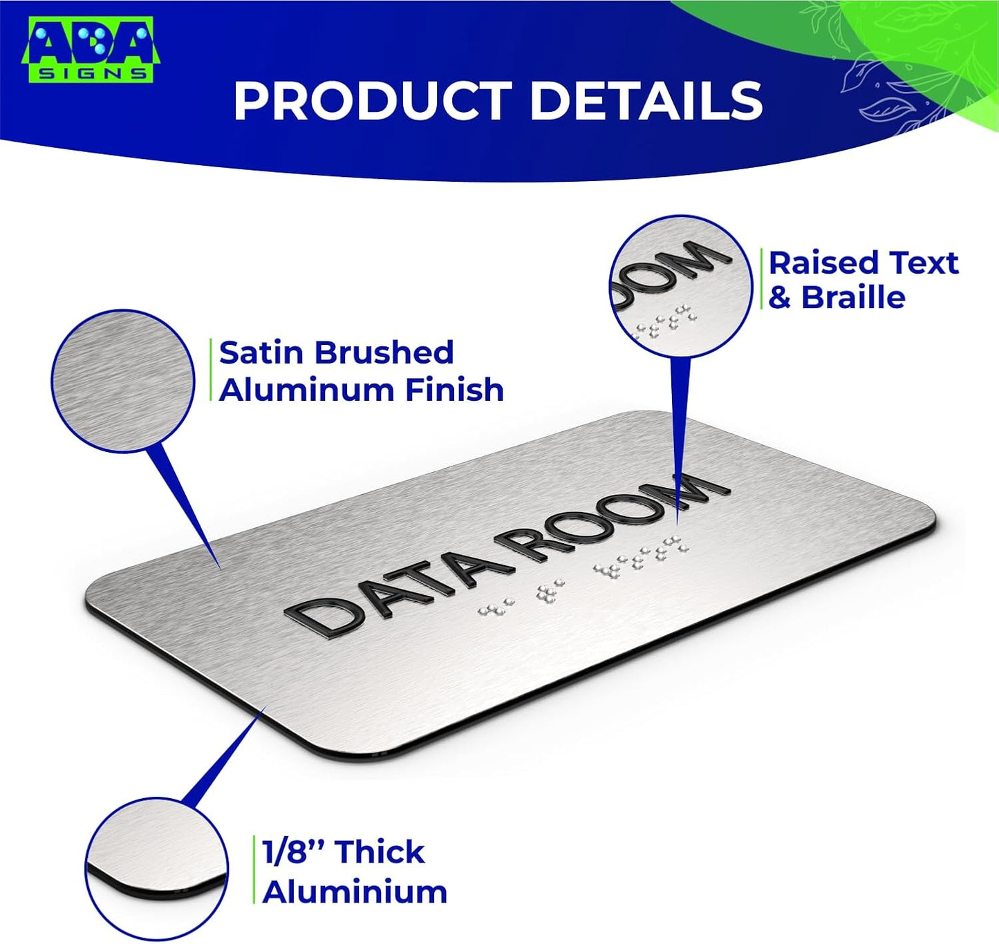 ADASigns Data Room Sign 7" W x 4" H - Durable Brushed Aluminum with Grade 2 Braille - Easy Installation with Strong Double Sided Tape - ADA Compliant Office & Businesses Signs for Wall