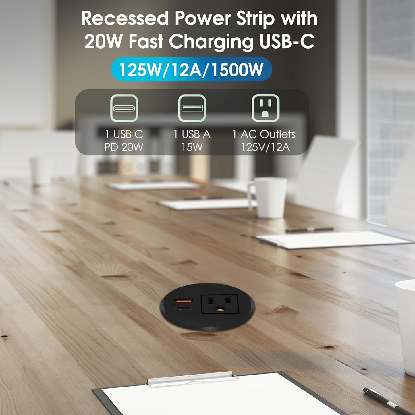 Desk Power Grommet 2.5‘’ Hole, Desktop Power Grommet, USB C 20W Fast Charging Station, Recessed Power Strip for Desk, Furniture, Office Table, Work & Living Space Essential (1 Pack)