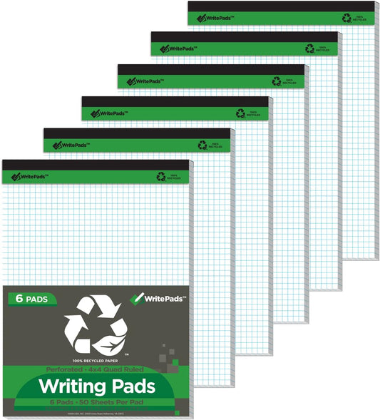 KAISA Graph Paper Legal Pads Writing Pads Recycled Paper 8.5"x11.75" Quad Ruled 4x4 Perforated 50sheets/pad Grid Paper Notepads Writing Tablet White For Office Supplies (White 6pad, 8.5x11.75'')