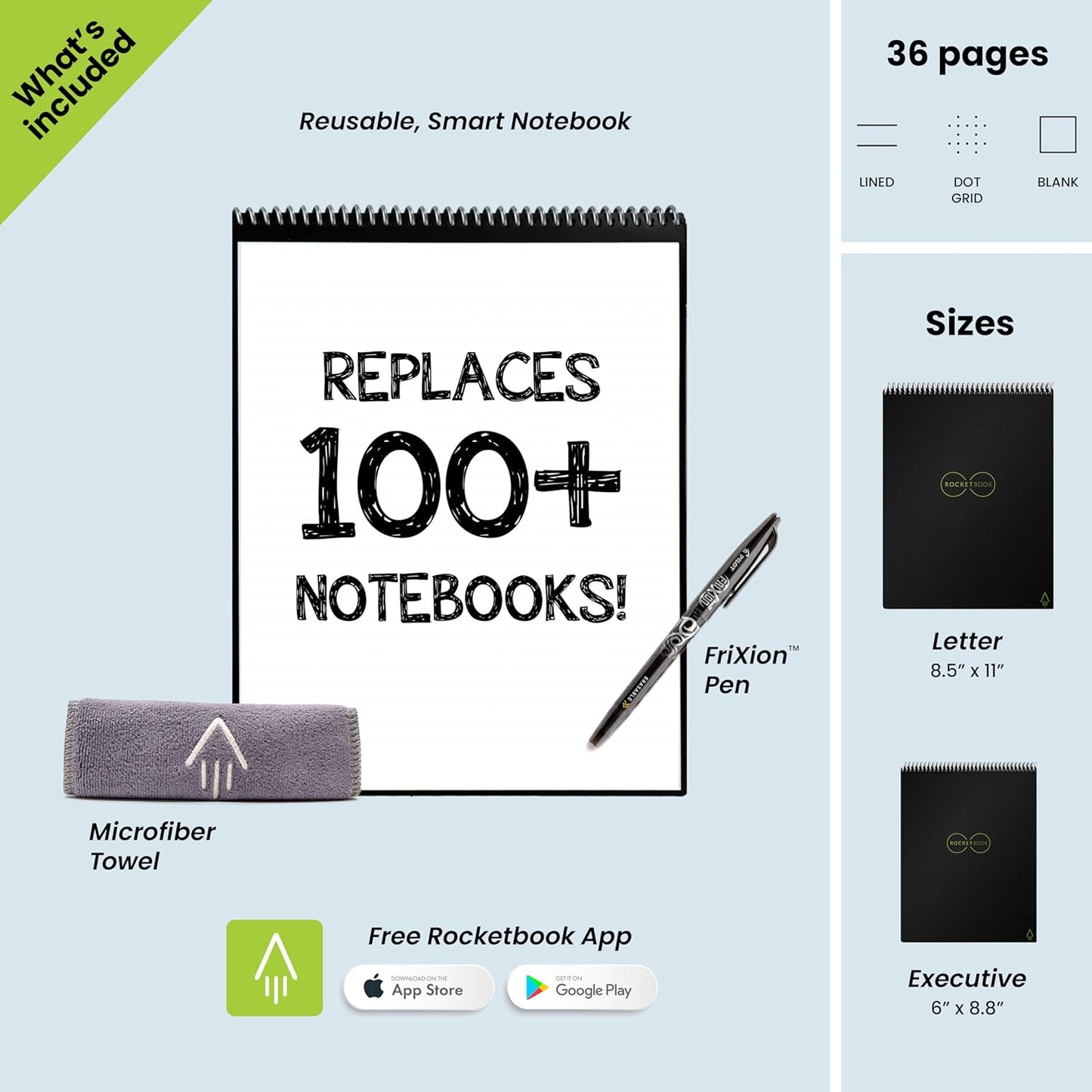 Rocketbook Flip Reusable Smart Notepad | Eco-Friendly, Digitally Connected Notebook for Ambidextrous Writers | Dotted & Lined Combo, 8.5” x 11”, 32 PG, Teal, with Pen, Cloth, and App Included