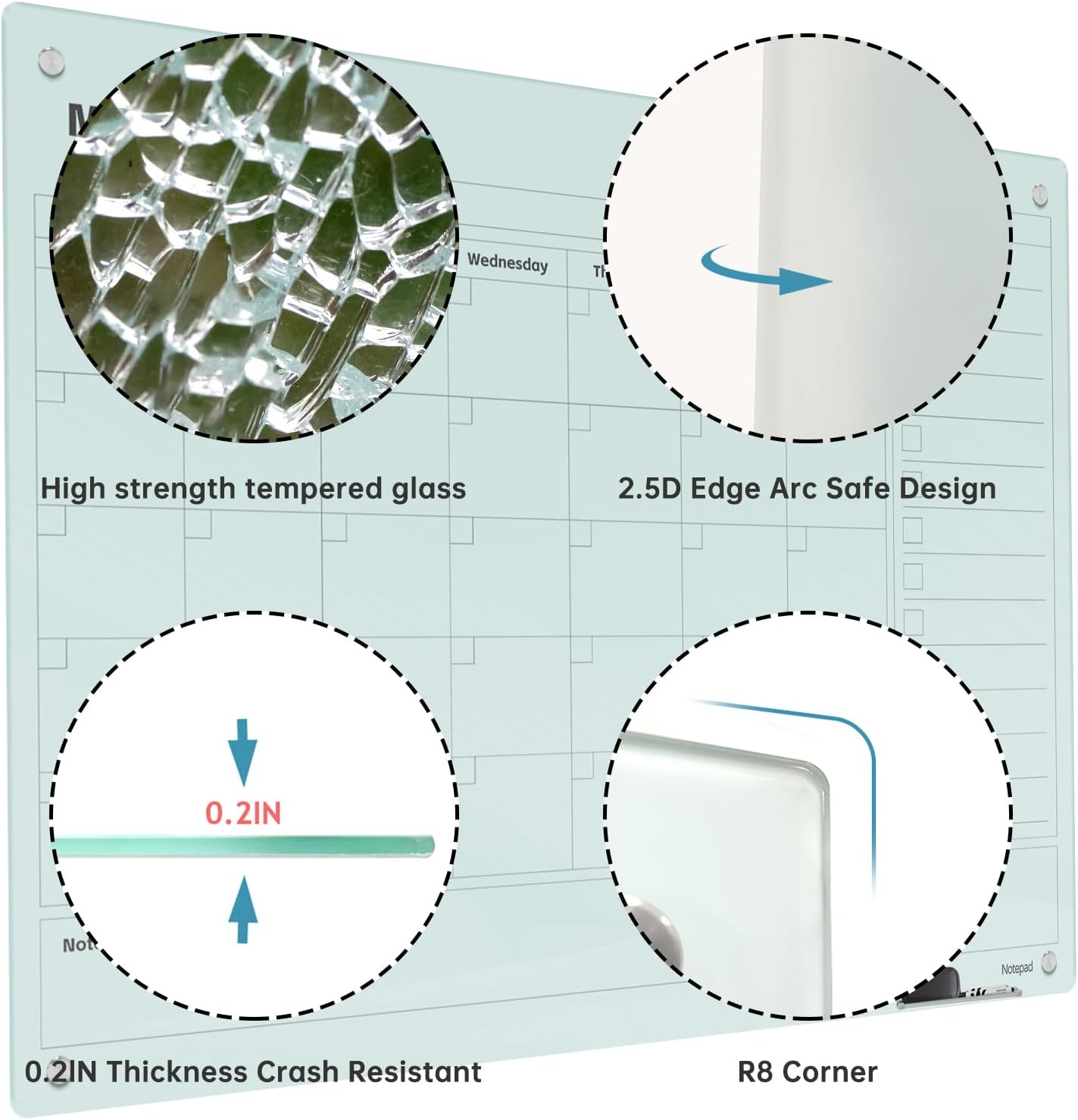 Magnetic Glass Dry Erase Board Calendar- White Board 48 x 36 Inch Wall Mounted Monthly Whiteboard, Large Frameless Glass White Board for Wall Office, Home & School