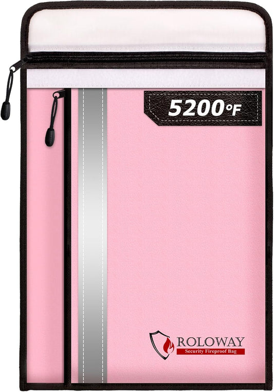 ROLOWAY Fireproof Document Bag (15.5 x 11.5 inch) with 2 Pockets and 5200℉ Aluminum Foil Layer, Fireproof Bag for Document Safe Fireproof Document Bag, Fireproof Money Bag (Pink)