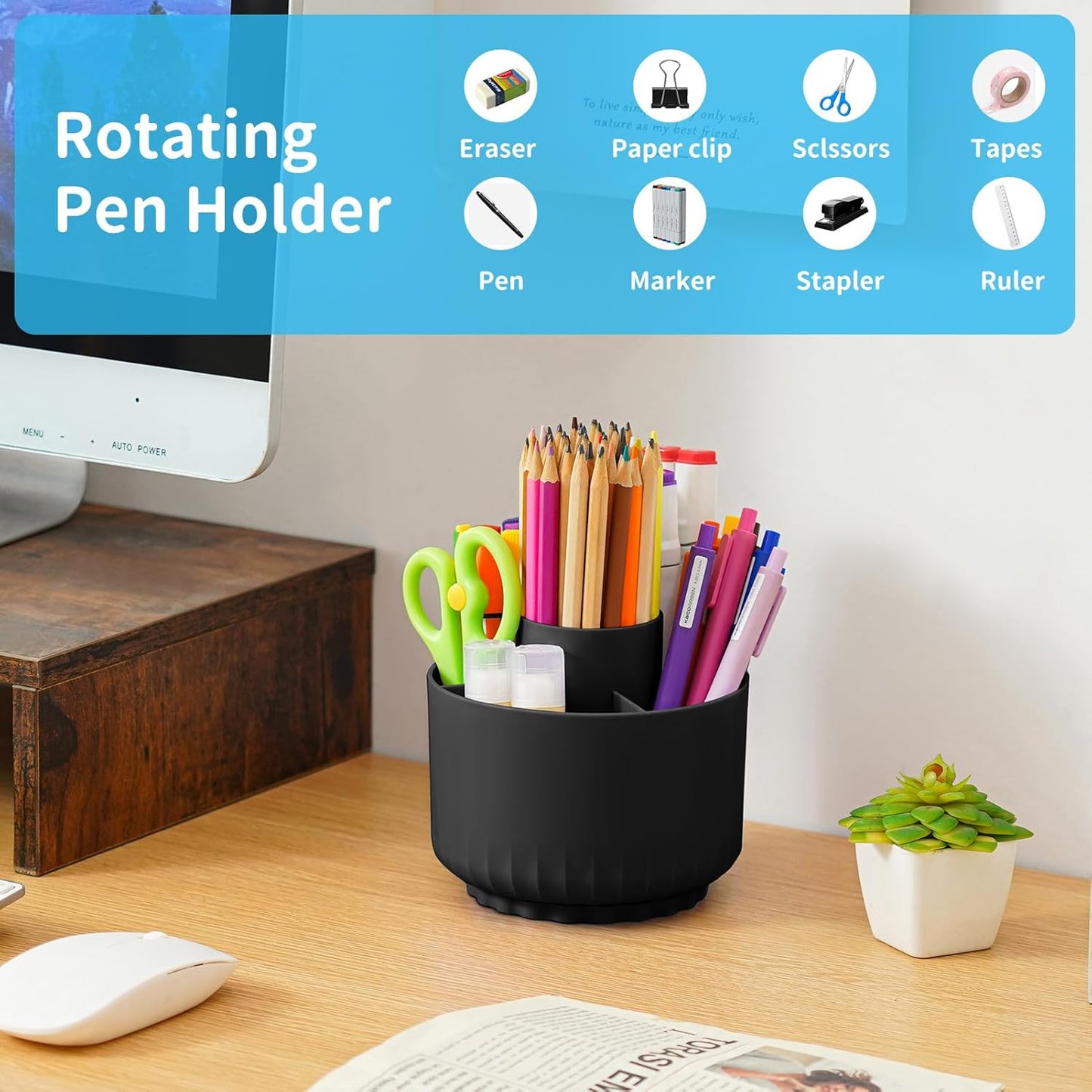 Marbrasse Desk Organizer, 360-Degree Rotating Pen Pencil Holder, Desk Organizers and Accessories with 5 Compartments Pencil Organizer, Art Supply Storage Box Caddy for Office, Home (Black)