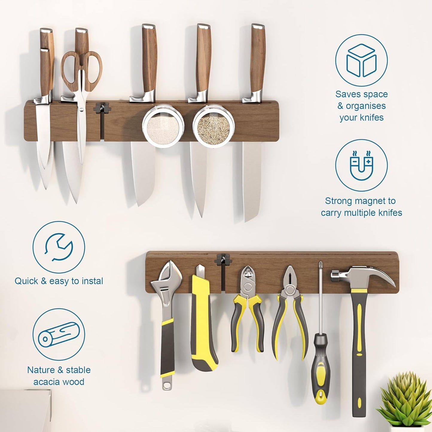 Magnetic Knife Holder for Wall, Acacia Wood Knife Magnetic Strip No Drill Knife Magnet Storage Bar Magnetic Tool Key Holder Strip for Kitchen Utensil Organizer (Dark Brown, 16 Inch Large)