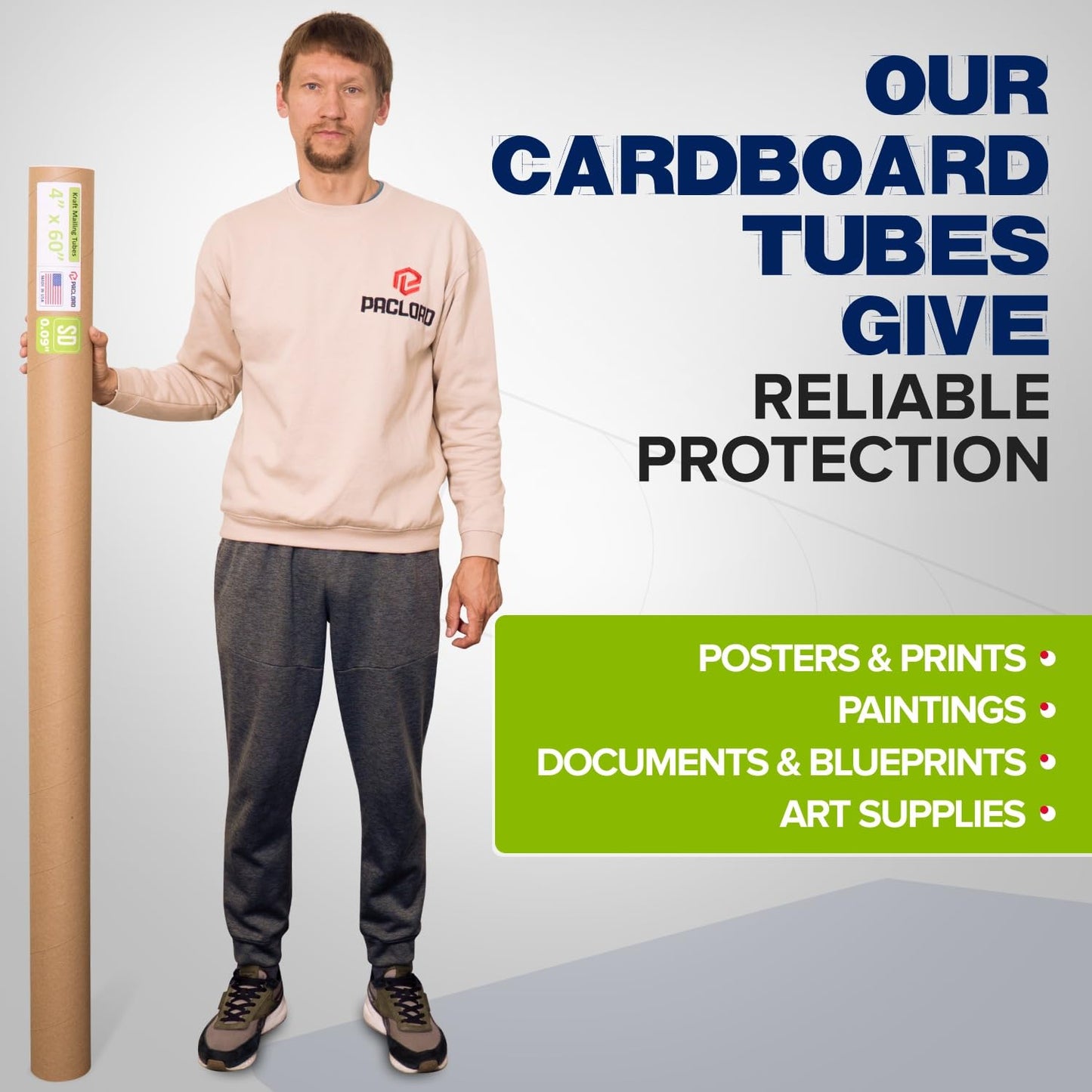 4" x 60" Reinforced Kraft Paper Mailing Tube, Pack of 4 Tubes with 8 Caps – Secure USPS Approved Poster Tube – Cardboard Tube for Shipping and Storing Posters, Prints, Artwork, or Documents