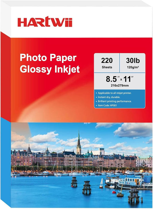 220 Sheets Inkjet Glossy Thin Paper 8.5x11 inch 30lb 120gsm A4 Letter Size For Brochure Printing, CustomChip Bag Party Favors,Single Side, Suitable for All Dye Ink HP001