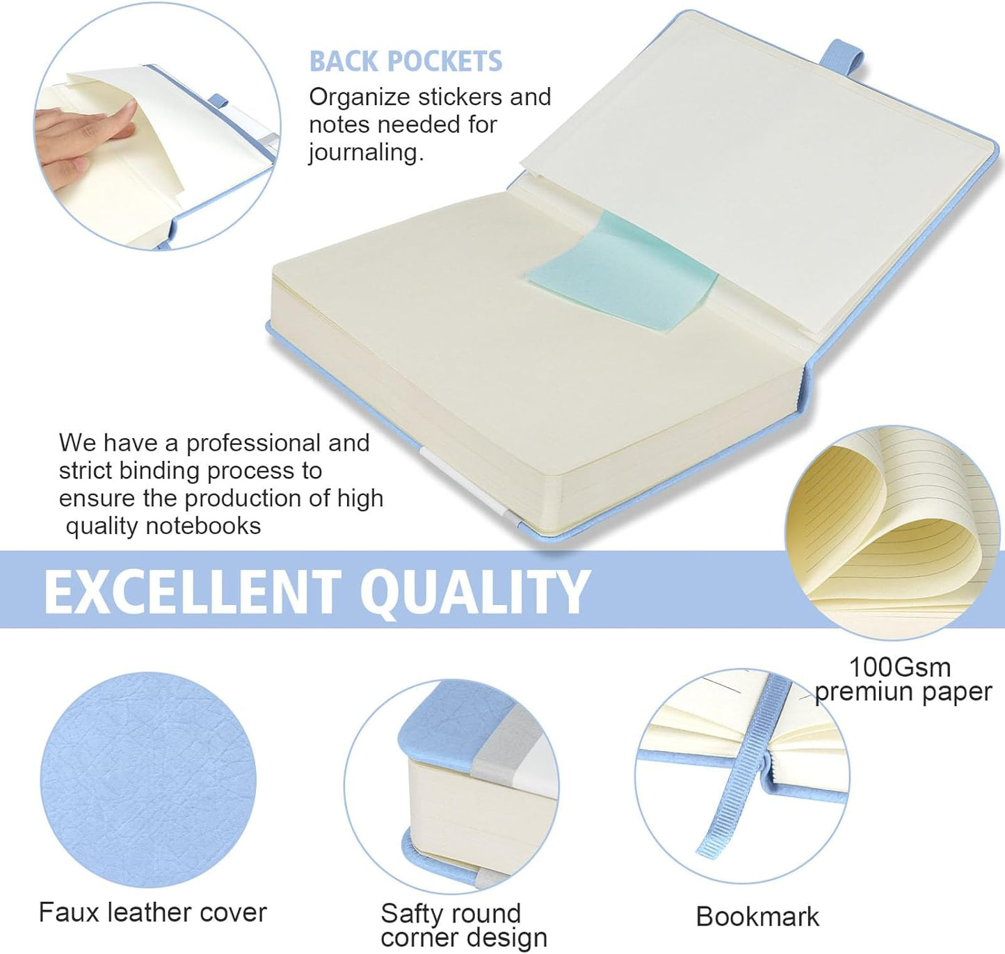 Lined Journal Notebook, 360 Numbered Pages(With page number), Thick Journal for Writing A5 College Ruled Notebook, 100gsm Lined Paper, Leather Hardcover, 5.75'' X 8.38''-1 Pack, Sky Blue