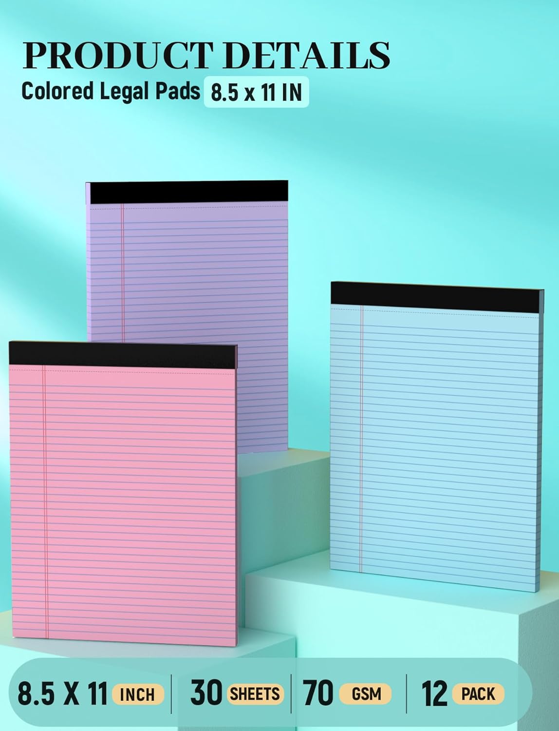 12 Pack Legal Pads 8.5 x 11 College Ruled, Lined Paper Pads 8.5 x 11, Colored Legal Pads, 30 Sheets Per Writing Pads, Perforated Note Pads with Sturdy Backing, Notepads for School, Office, Home