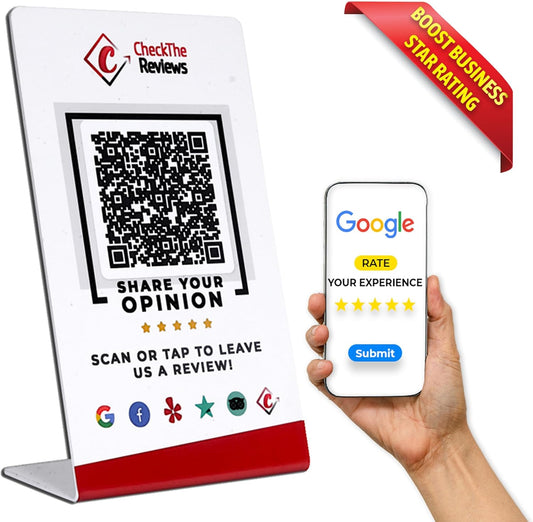 CheckTheReviews NFC Review Stand - Instant Digital Feedback Collection with Customer Friendly Scan Setup - All Phones & QR Compatible - Tap to Review for Business, Hotels, Shops, Cafes & Restaurants