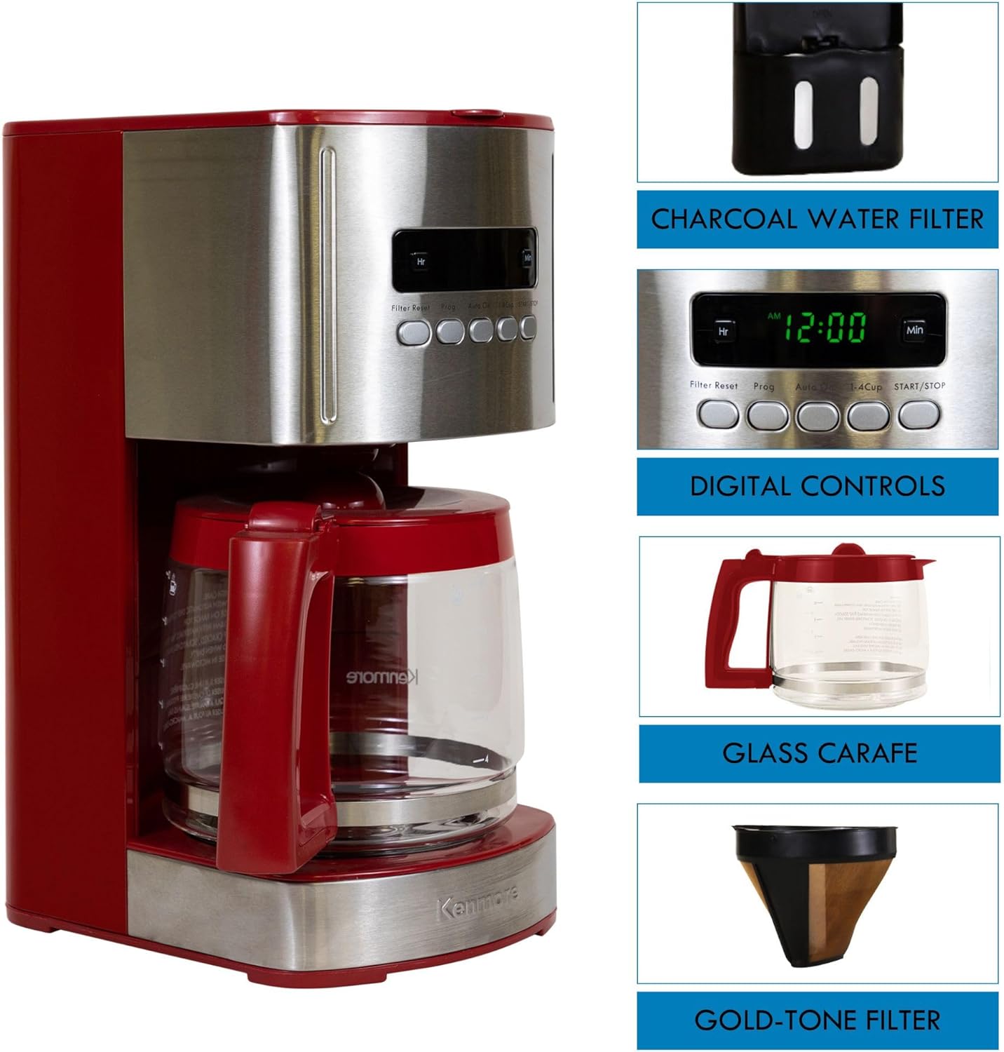 Kenmore Drip Coffee Maker - 12 Cup Programmable Cafe Machine With Glass Pot, Regular & Bold Brew, Auto Shut Off Large Water Reservoir, Reusable Filter, Kitchen Appliances For Cafeteria Barista, Red