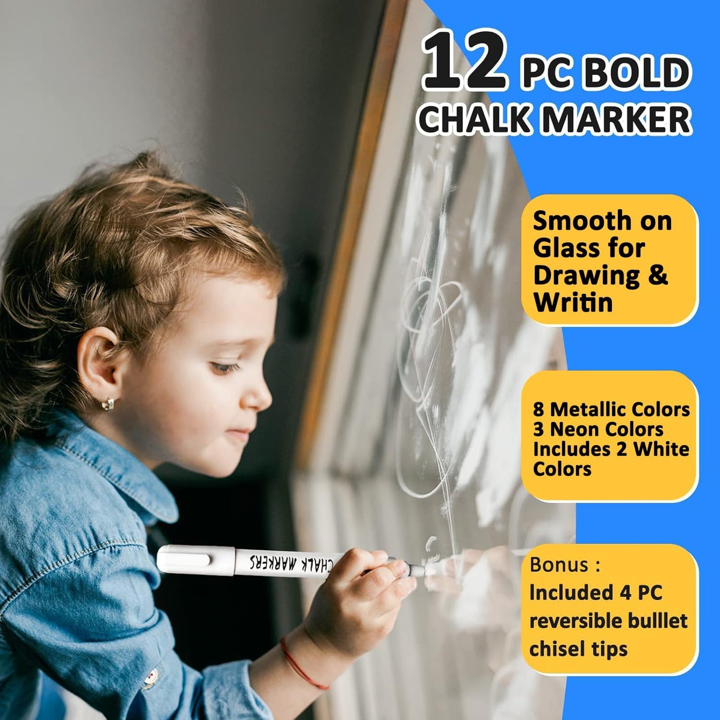 Anyo 12 Pack Window Markers for Cars, Liquid Chalk Markers with 6mm 3 in 1 Nib Bold Tip, Metallic & Neon Color Wet Erase Window Paint for Glass Washable, Glass, Mirror, Blackboard, Bistro, Menus