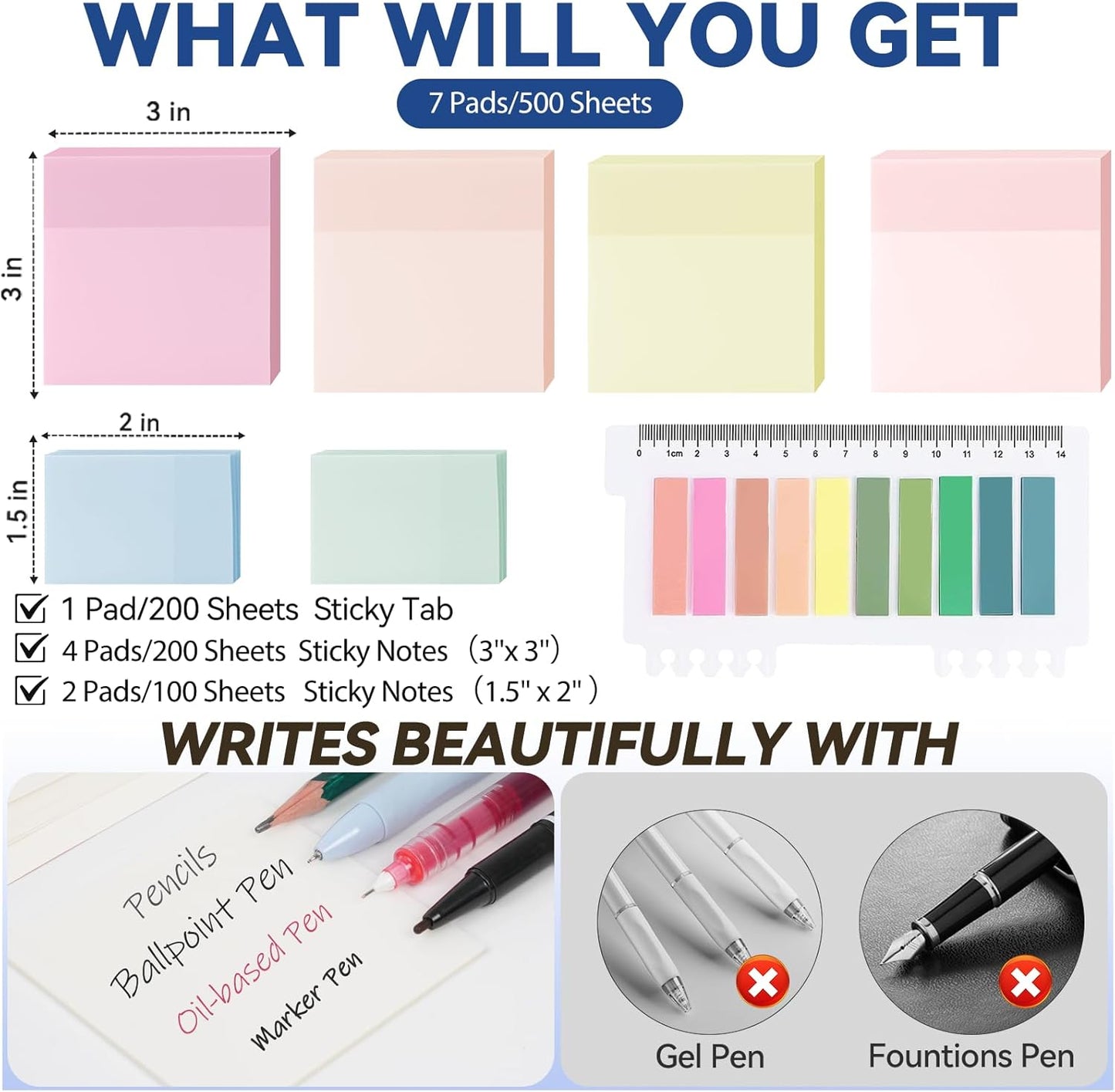 500 Sheets Transparent Sticky Notes with Index Tab, Waterproof & Crystal Clear Sticky Notes Sets, See-Through PET Sticky Note, 5X The Sticking Power Translucent Sticky Note Pad, 7 Pads