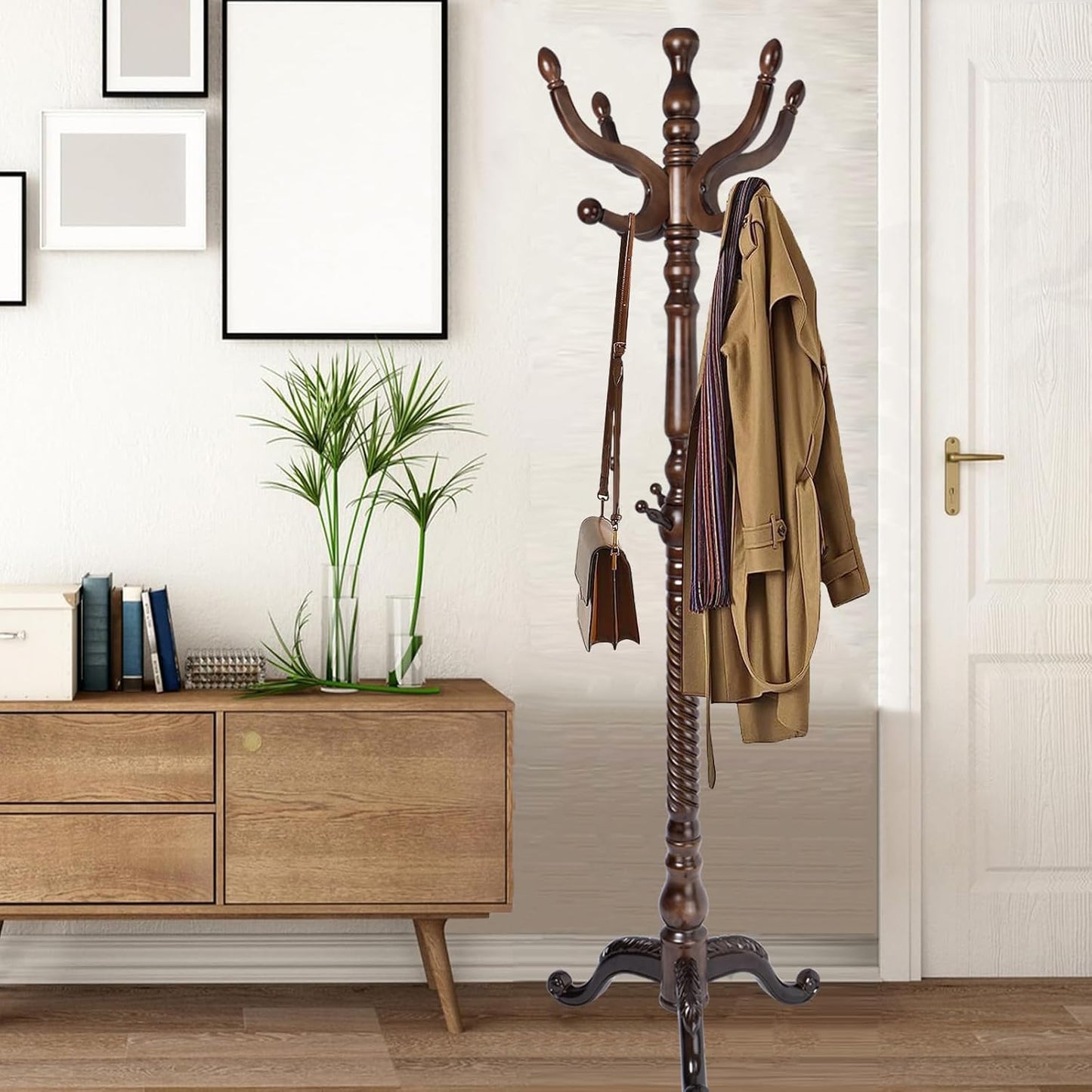 Coat Racks Free Standing with 14 Hooks, Natural Wood Coat Stands for Entryway, Adjustable Height 73 in Tree Coat Rack Stand for Hallway Home Office Bedroom (Dark Brown Triangle)