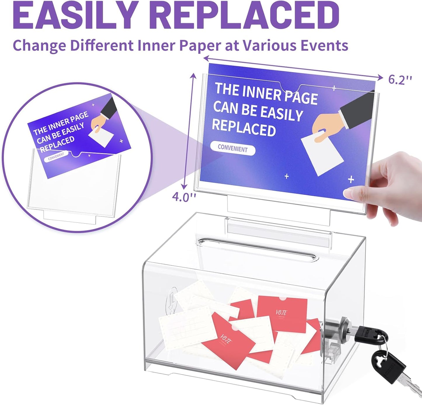Donation Box with Lock, Clear Ballot Box with Sign Holder, Suggestion Box, Donation Boxes for Fundraising, Tip Jar, Raffle Box, Lock Box for Cards, Votes, Tickets, Prayer, Money, Cash