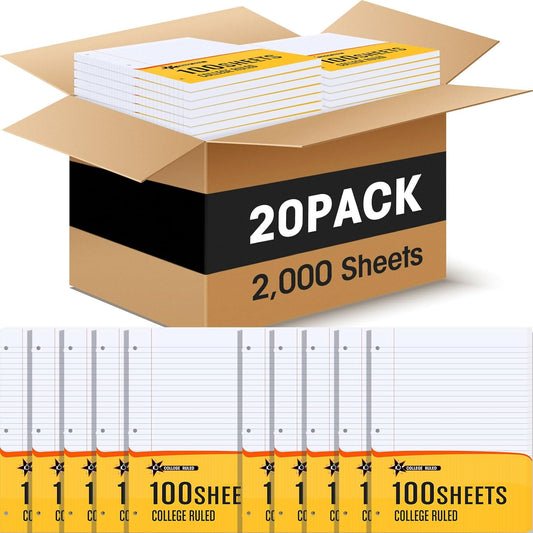 Fainne 20 Pack Notebook Paper Bulk College Ruled 8 x 10.5'' College Ruled Loose Leaf Paper Bulk Notebook Paper Lined Filler for 3 Ring Binders for College School Classroom 100 Sheets Per Pack