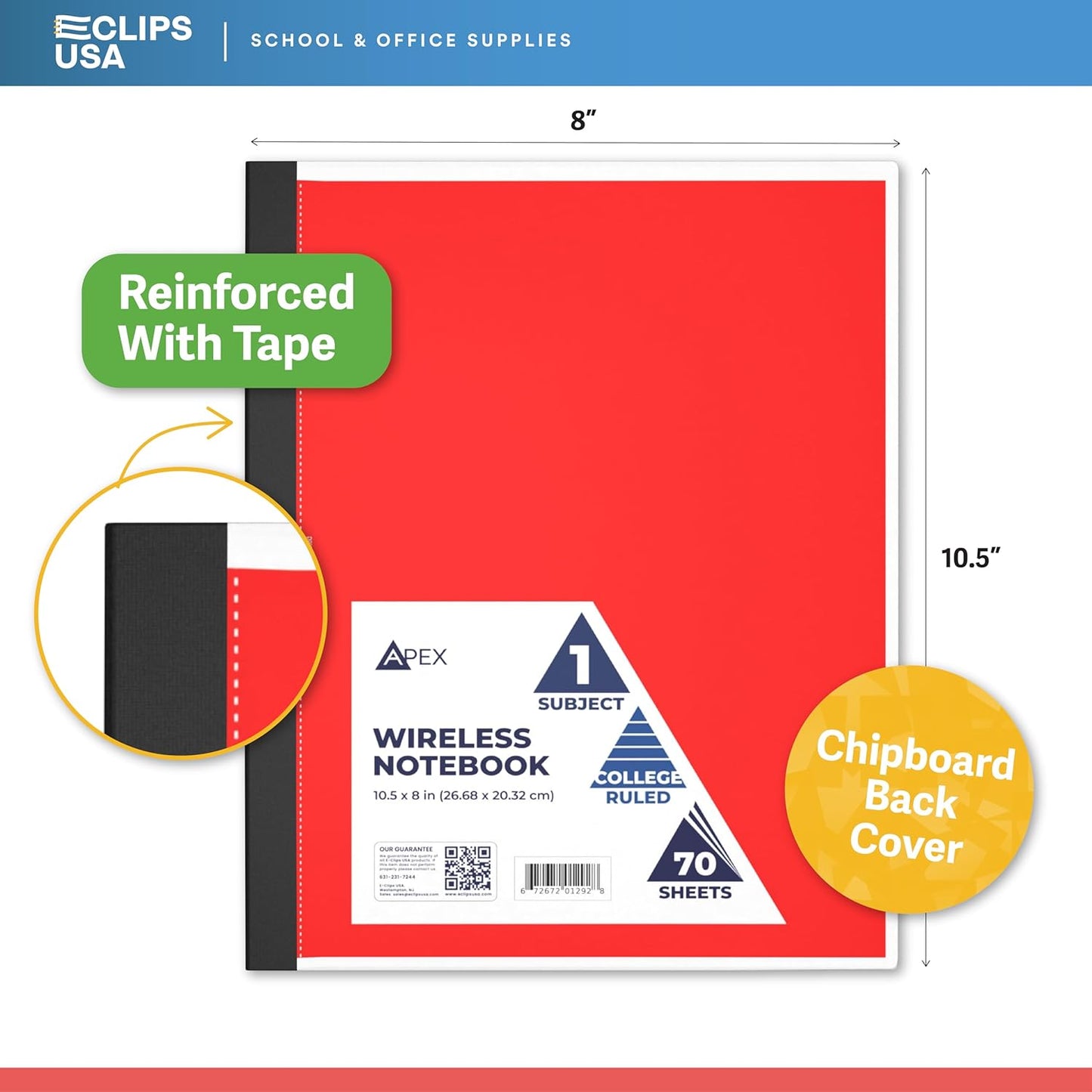 E-CLIPS USA Non Spiral Notebook, 1 Subject, Wide Ruled Notebook, Journal Notebook, Notebooks Bulk, School Supplies, Perforated Edges, 6 Colors, 70 Sheets (12, Wide Ruled)