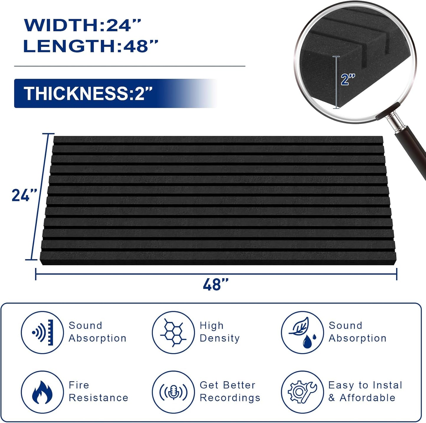 Acoustic Foam Panels, 48 x 24 x 2 inches, 2 Pack Soundproof Foam Wall Panels High Density Noise Canceling Studio Foam for Echo Absorption Home Office (Black 2 Pack, 48" x 24" x 2")