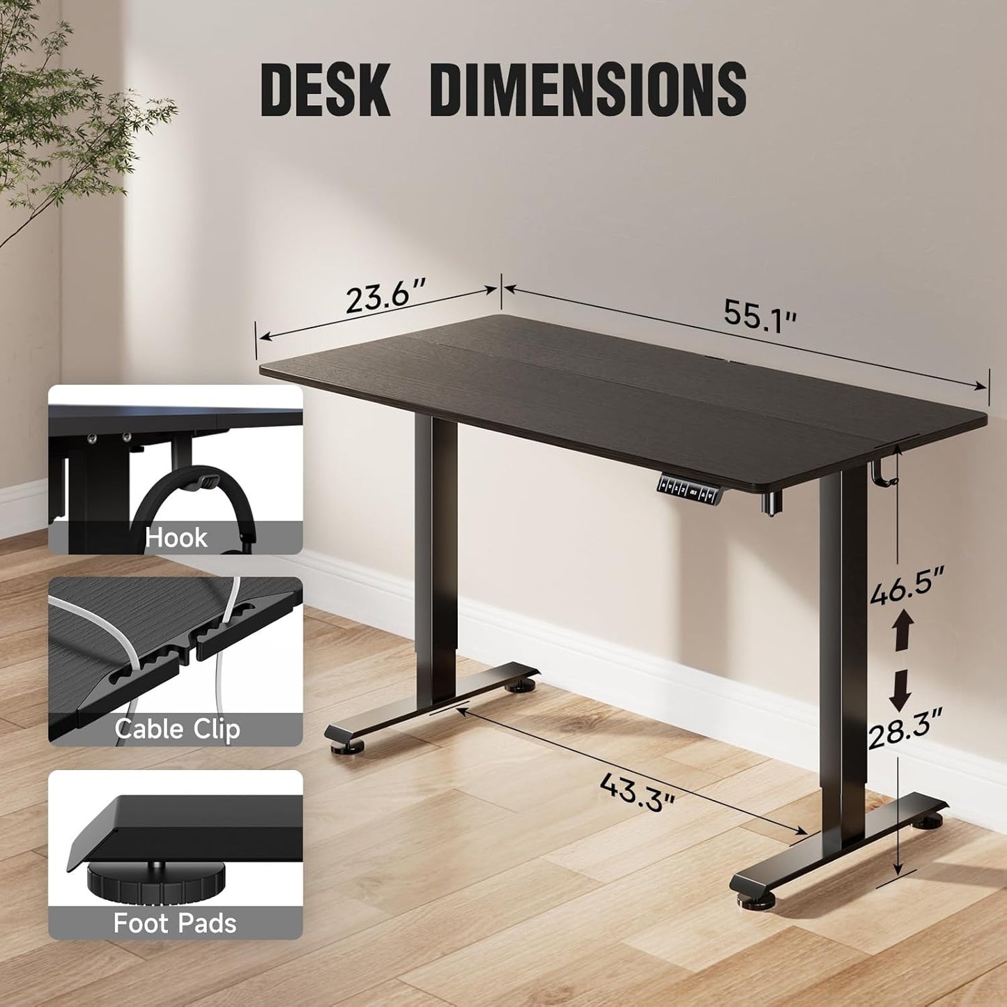 Veken 55 Inch, Height Adjustable Sit Stand Up, Wood Desktop, Work Home Office Computer PC Table, Tall Standup Workstation, Gaming Writing Study Bedroom Rising Desks, Black