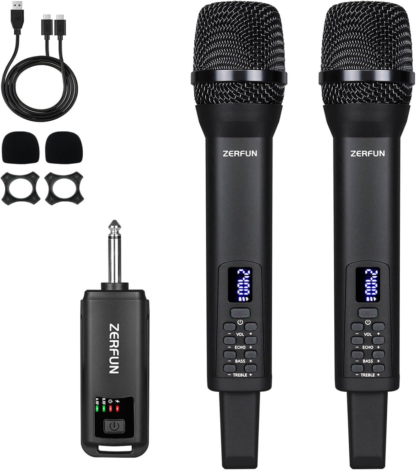 Dual Rechargeable Wireless Microphones, Pro Handheld Cordless Mics System with Echo Treble BASS VOL Control for Karaoke Singing Church Party, 1/4'' Output, Black